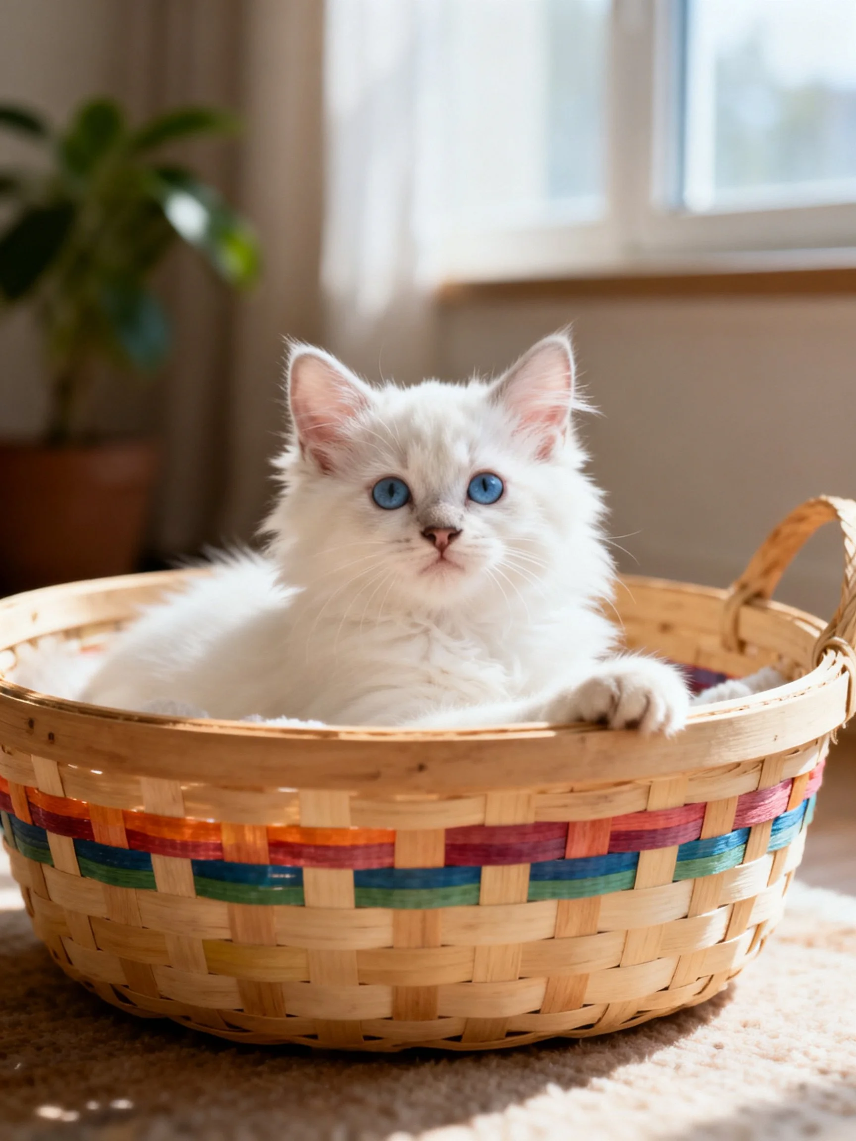 A fluffy white kitten with blue eyes sits in a colorful woven basket near a bright window.