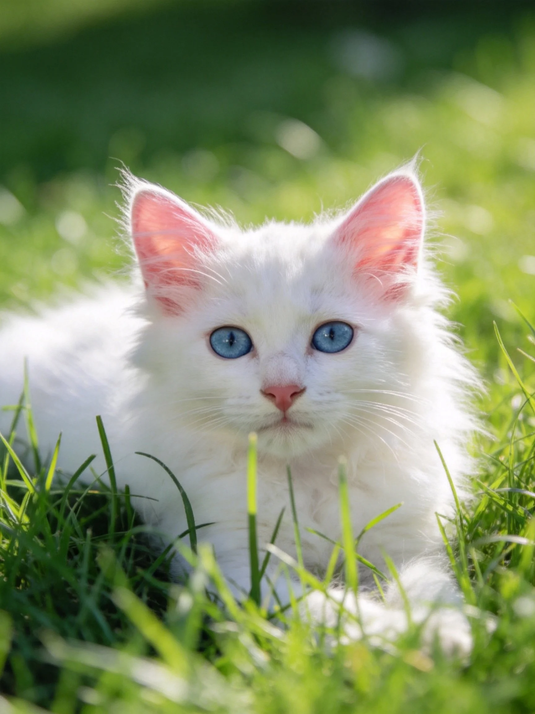 A fluffy white kitten with bright blue eyes lies calmly among vibrant green grass.