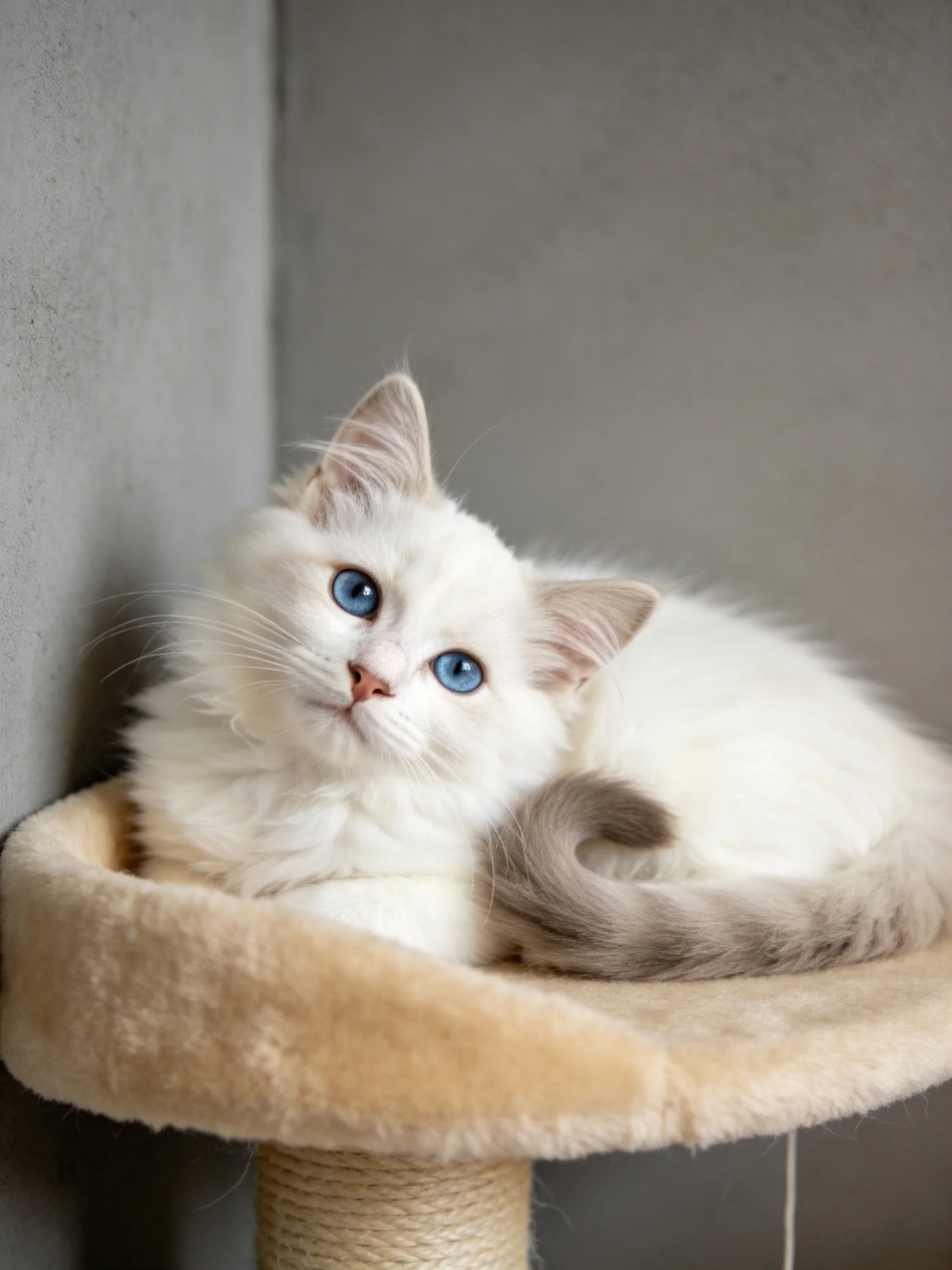 A fluffy white kitten with blue eyes relaxes on a beige cat tree