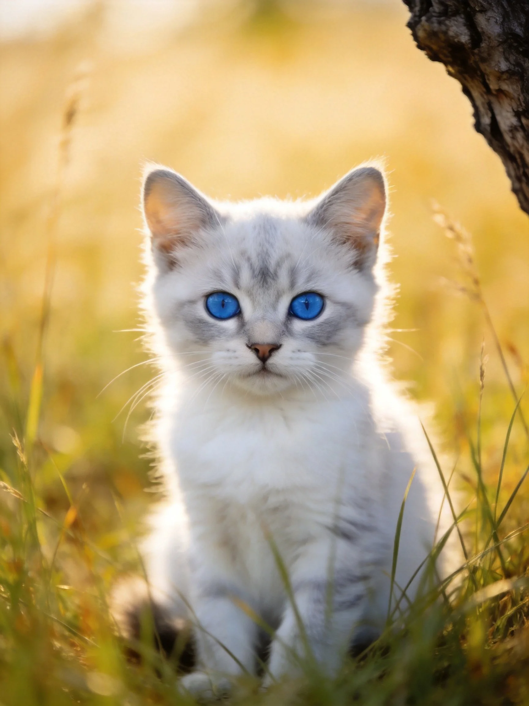 A fluffy white kitten with blue eyes sits in sunlit grass near a tree.