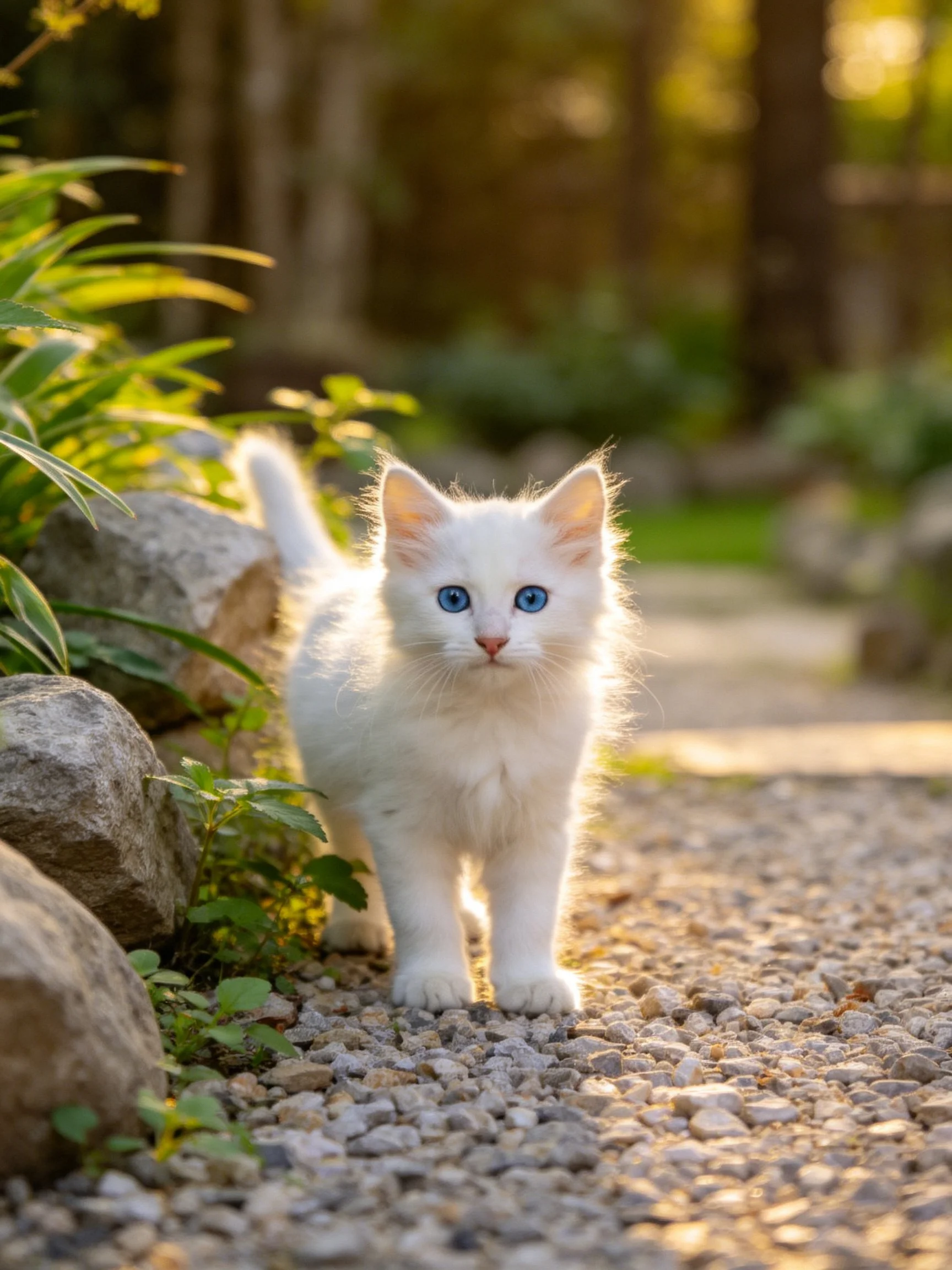 A fluffy white kitten with blue eyes explores a gravel path near rocks and greenery.