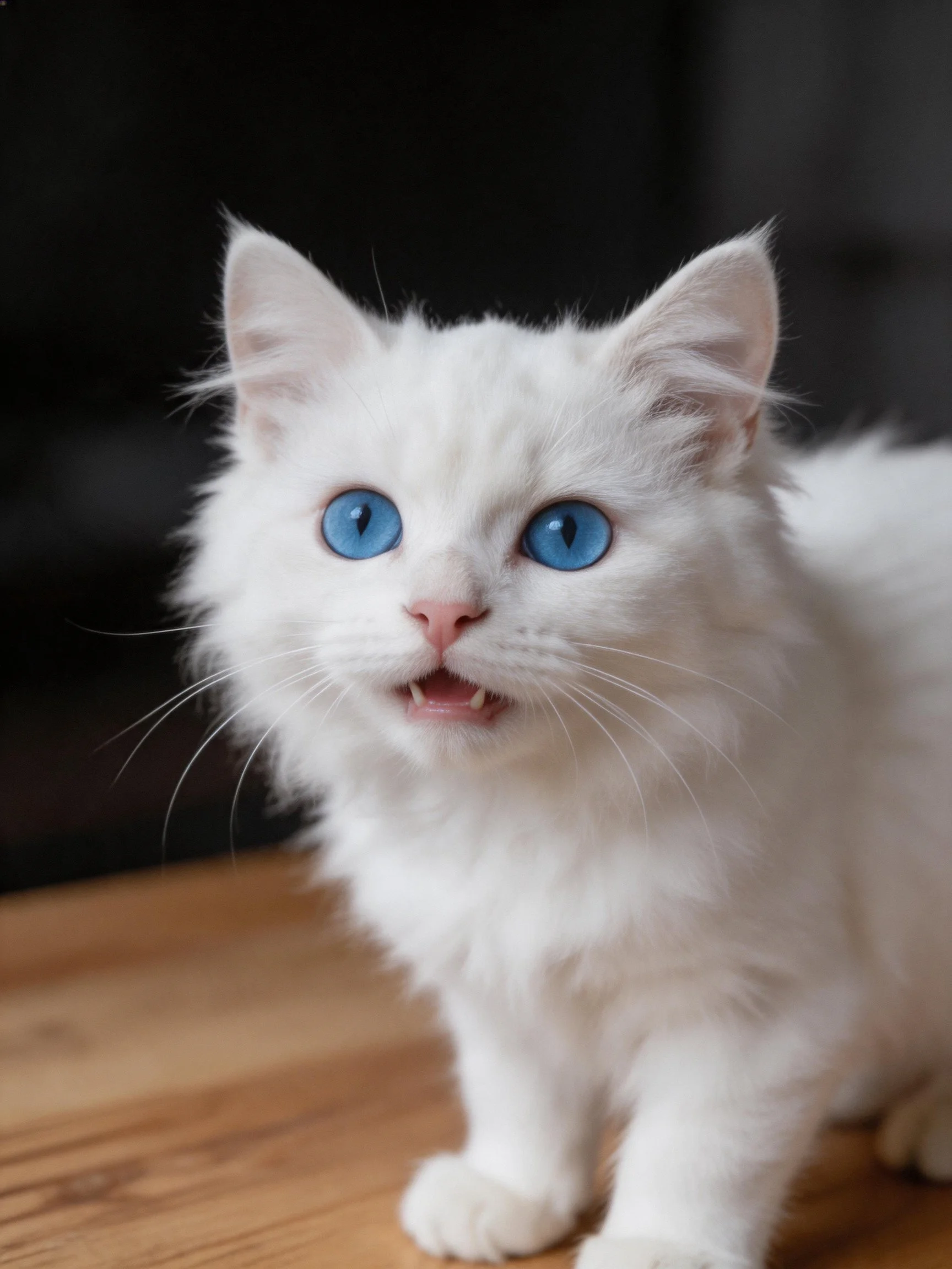 A fluffy white kitten with bright blue eyes stands on wood, appearing curious.
