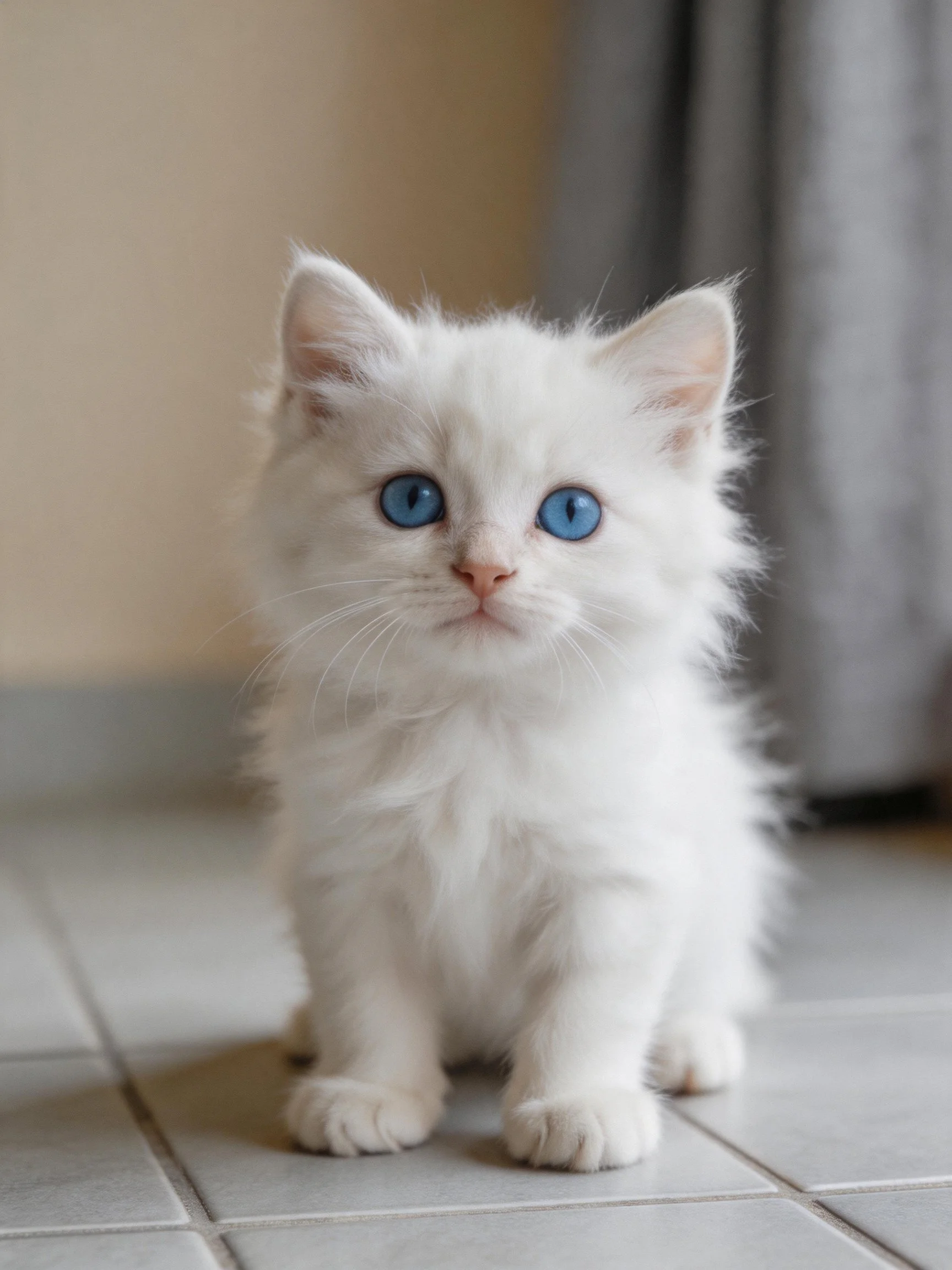 A fluffy white kitten with bright blue eyes sits calmly on tiled flooring indoors.
