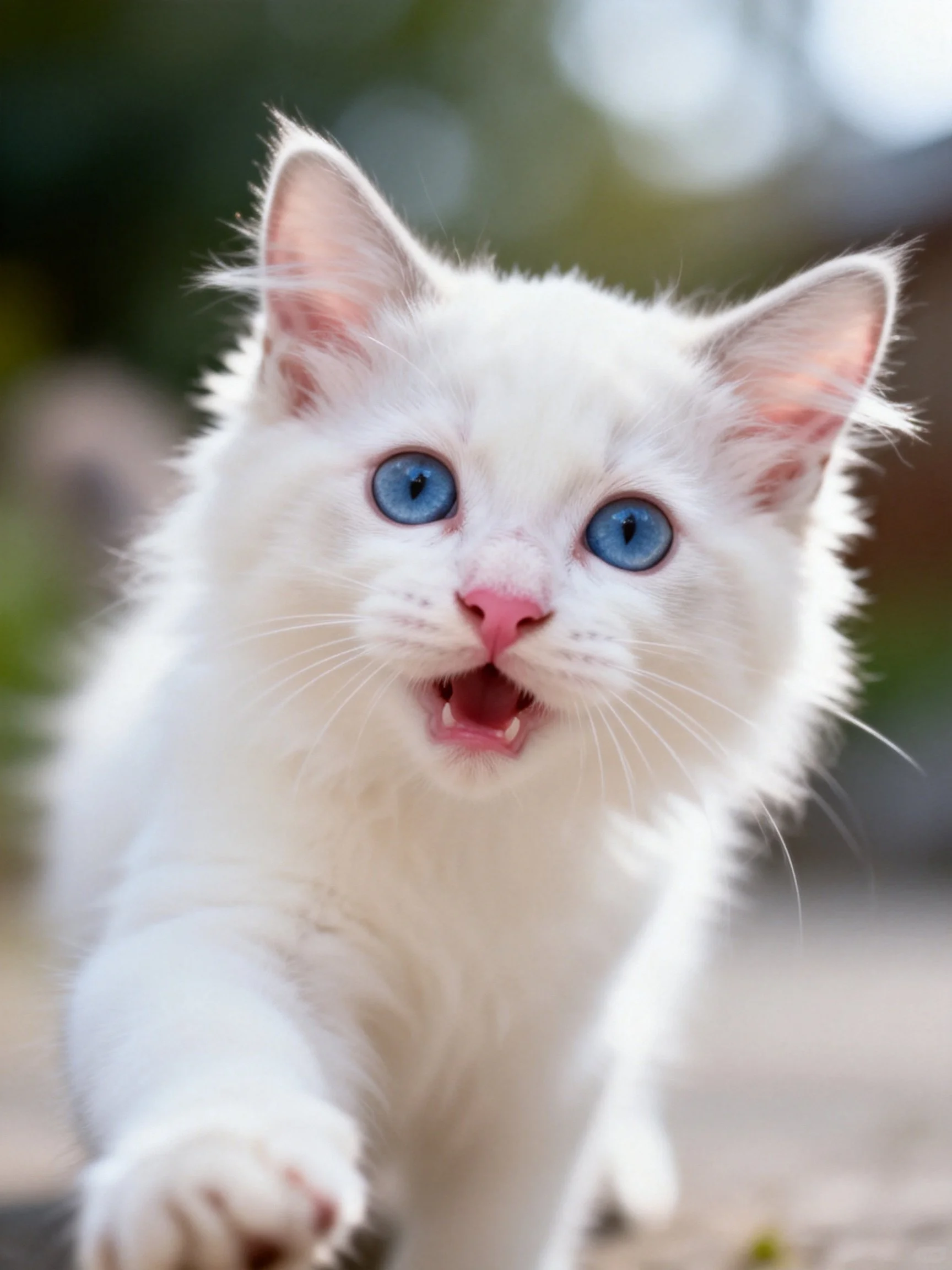 A fluffy white kitten with bright blue eyes reaches toward the viewer.