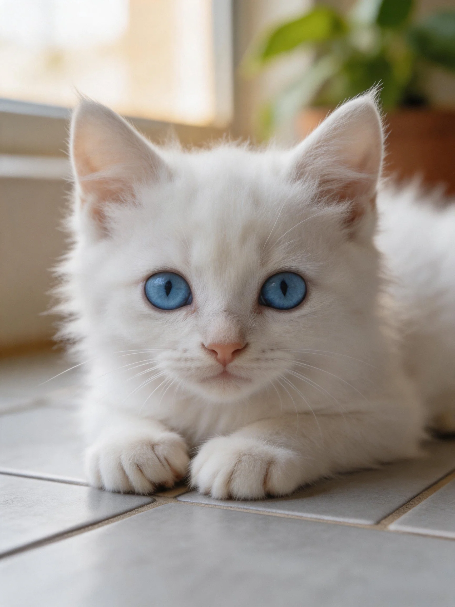 A fluffy white kitten with blue eyes relaxes on tiled flooring close to a window.