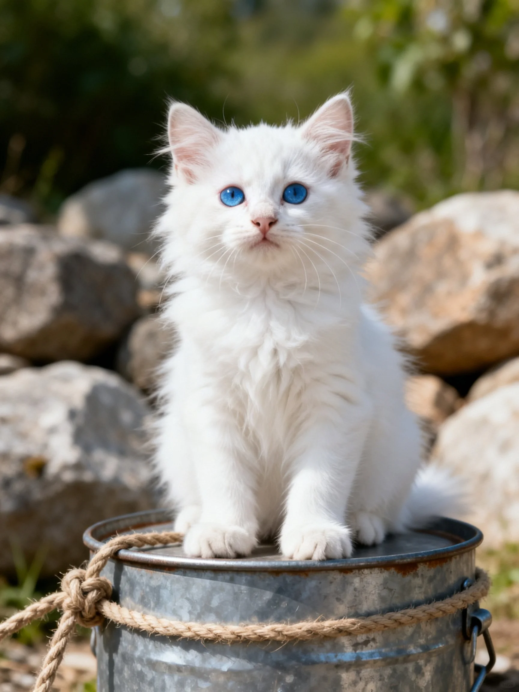 A white kitten with blue eyes rests on an aged metal container outdoors.