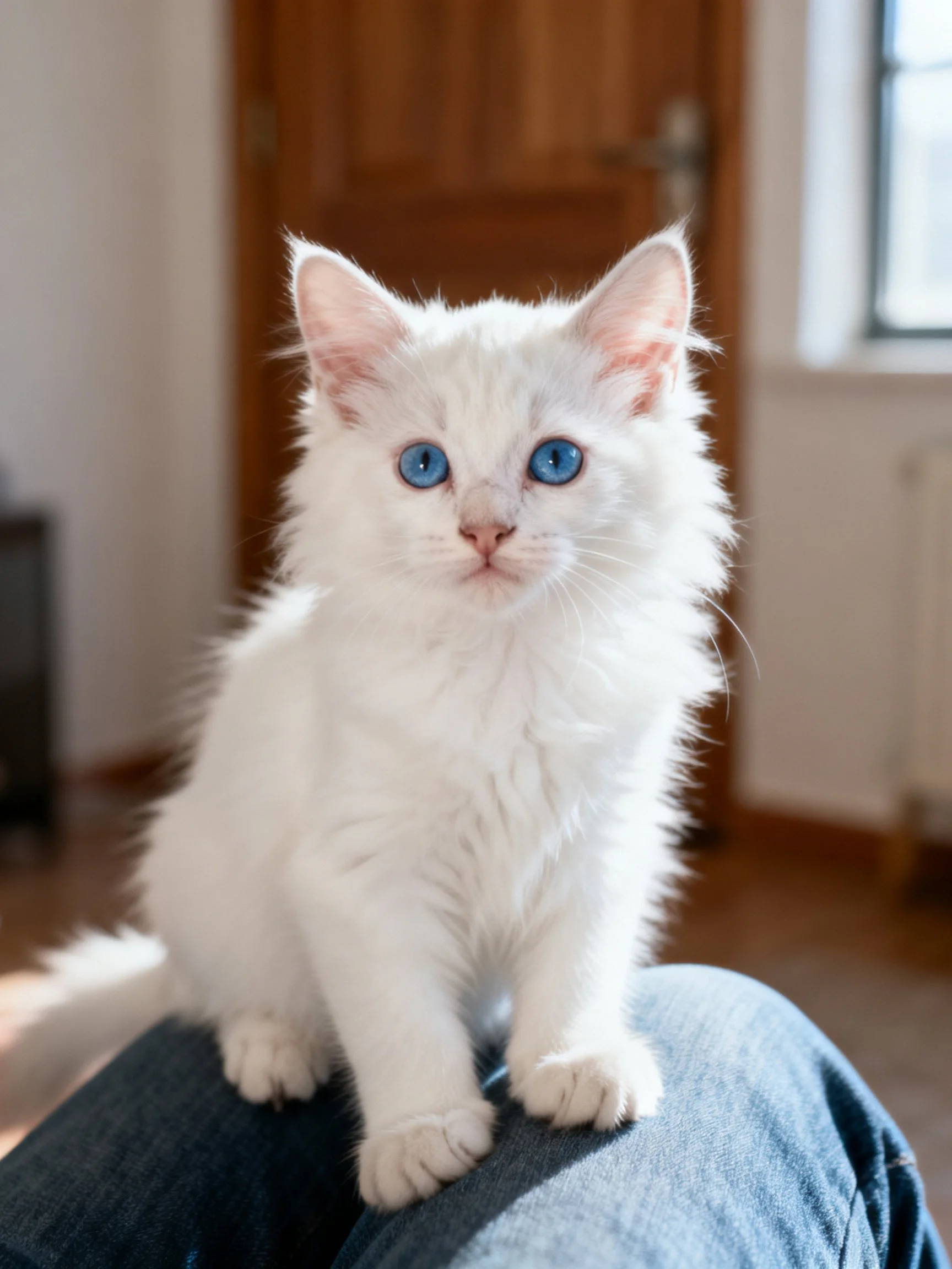 A fluffy white kitten with blue eyes rests on a person’s lap inside a home.