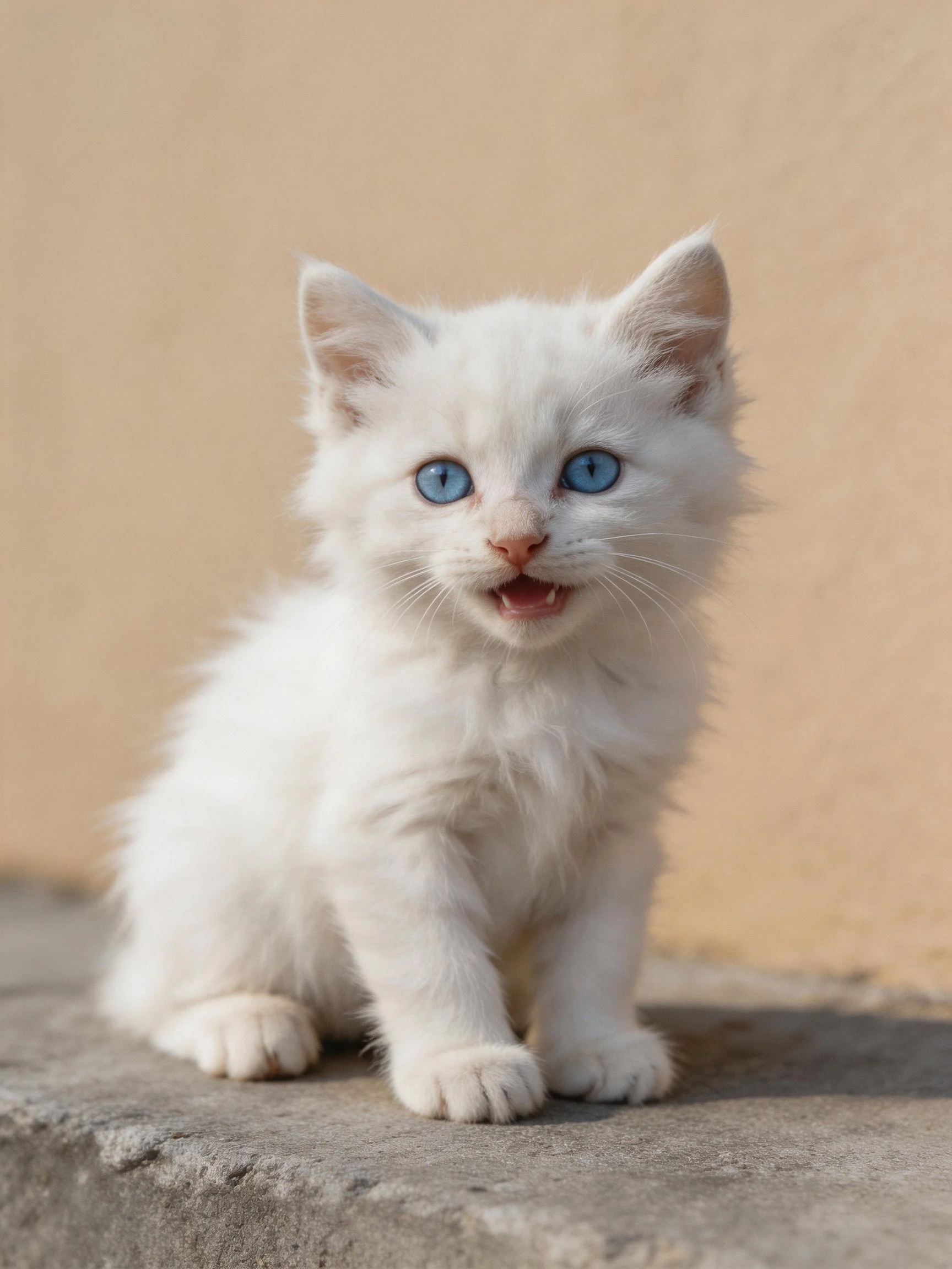 A fluffy white kitten with bright blue eyes sits on a stone ledge.