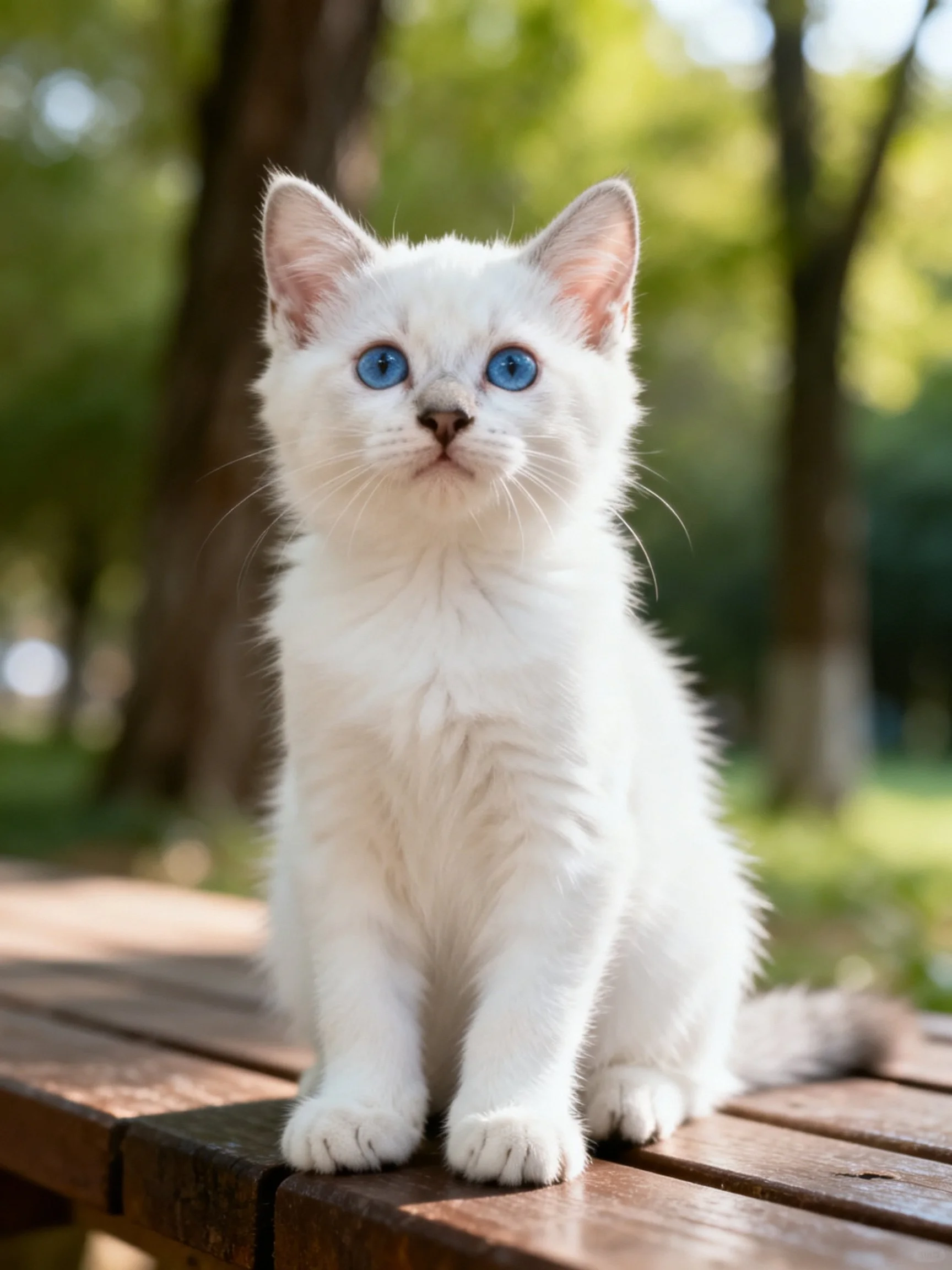 A white kitten with blue eyes sits on a wooden bench in an outdoor setting