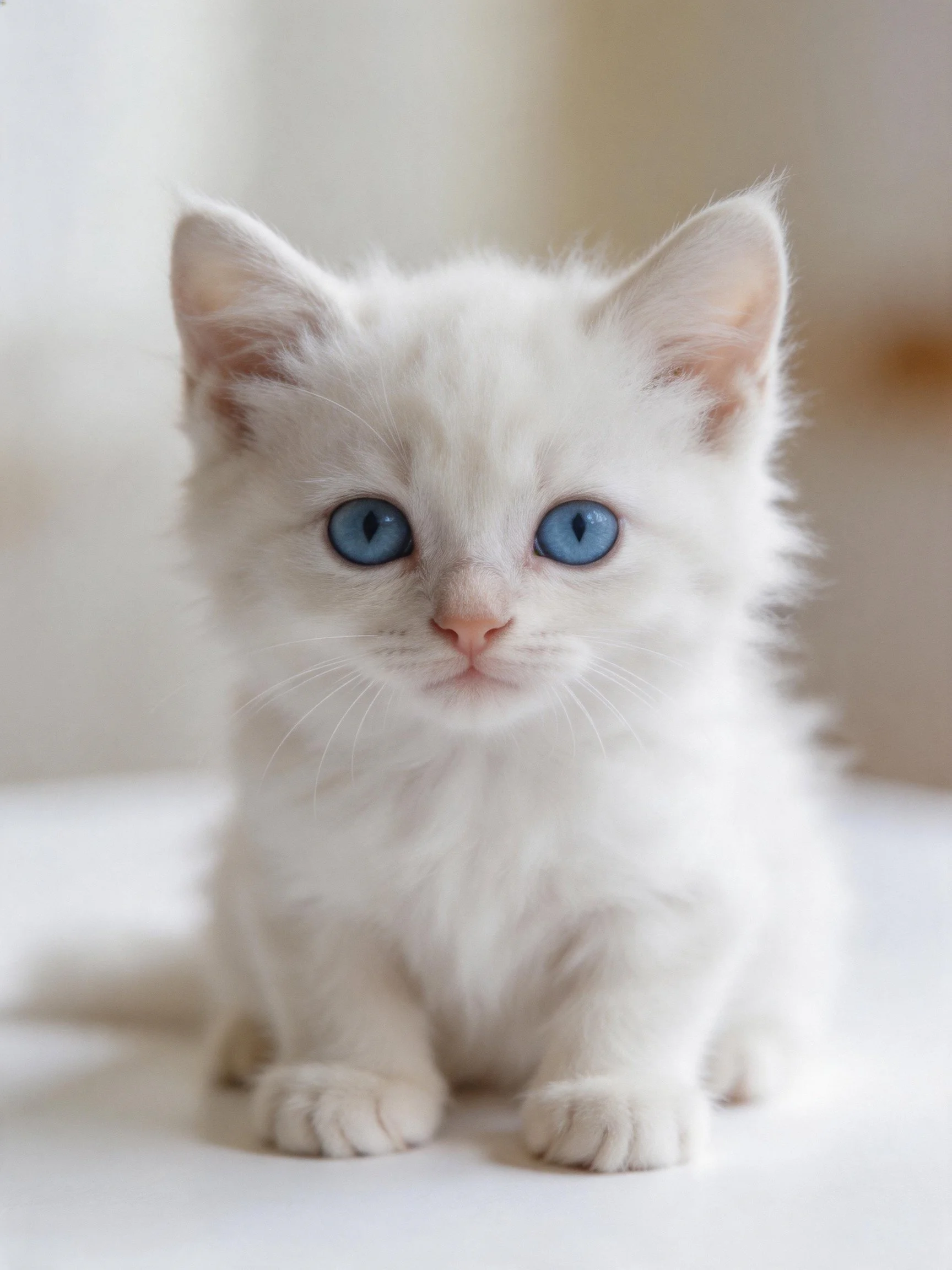 A small white kitten with blue eyes rests calmly in a softly lit environment.