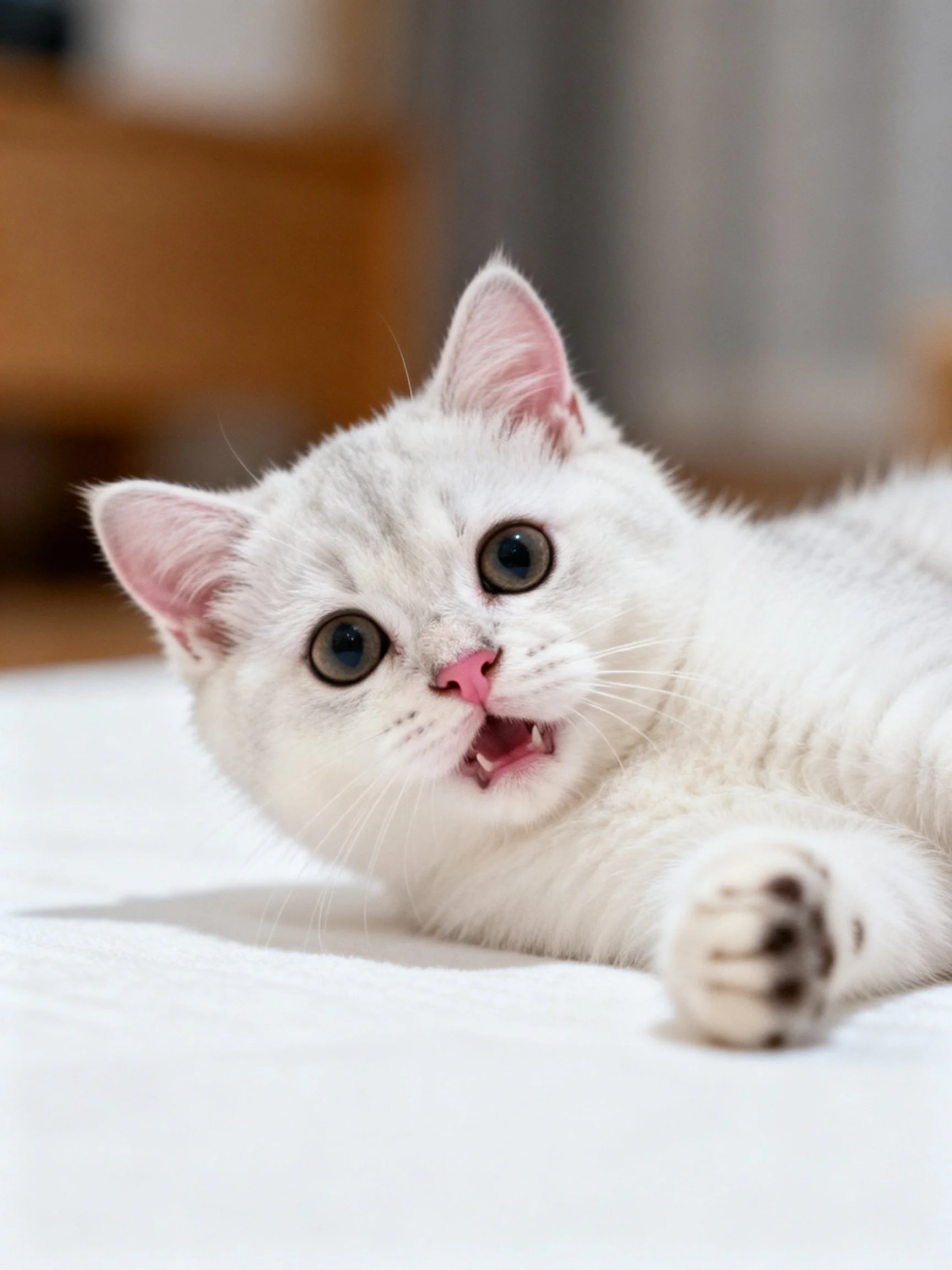 A white kitten with wide eyes rests on a soft surface.