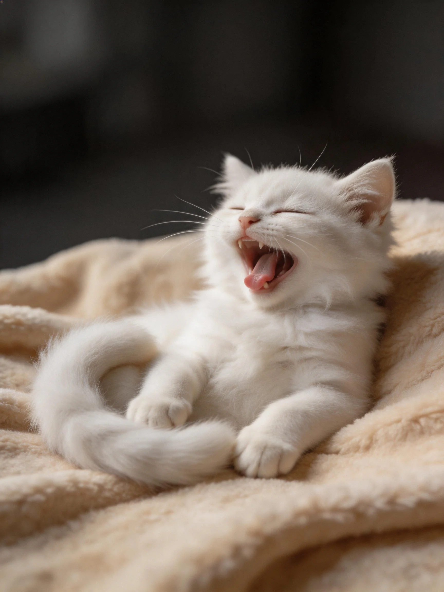 A fluffy white kitten yawns on a soft beige blanket