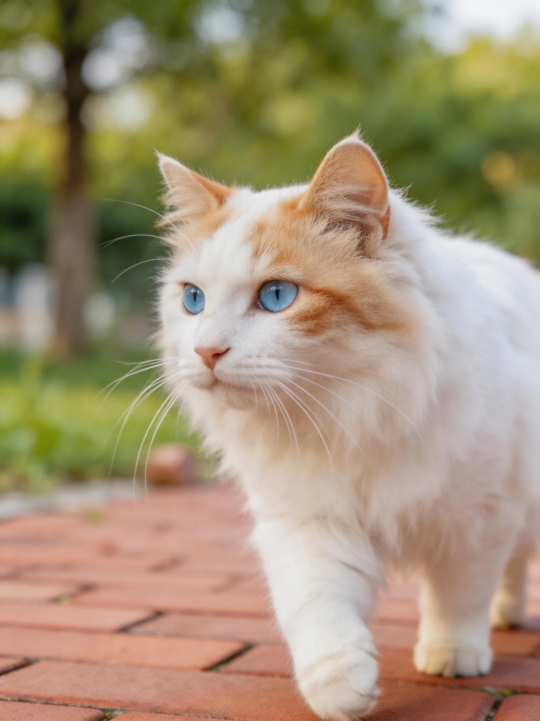 A fluffy white-orange catwith blue eyes walks on red brick pavement outdoors.