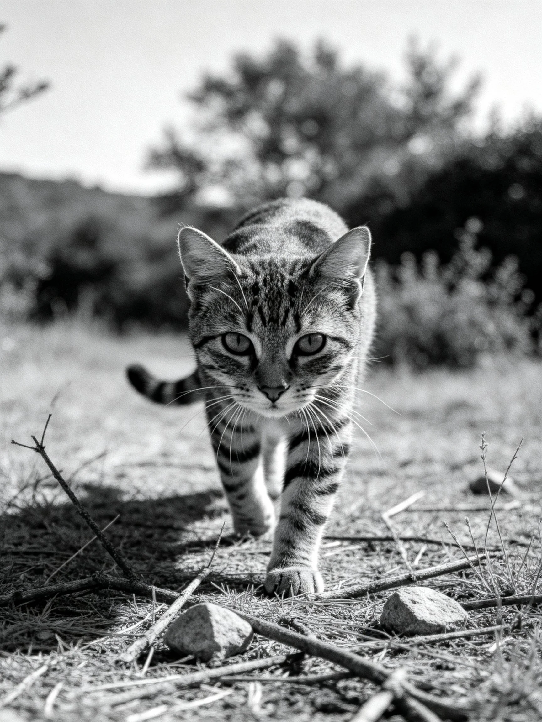 A focused tabby cat explores a rocky, grassy outdoor area