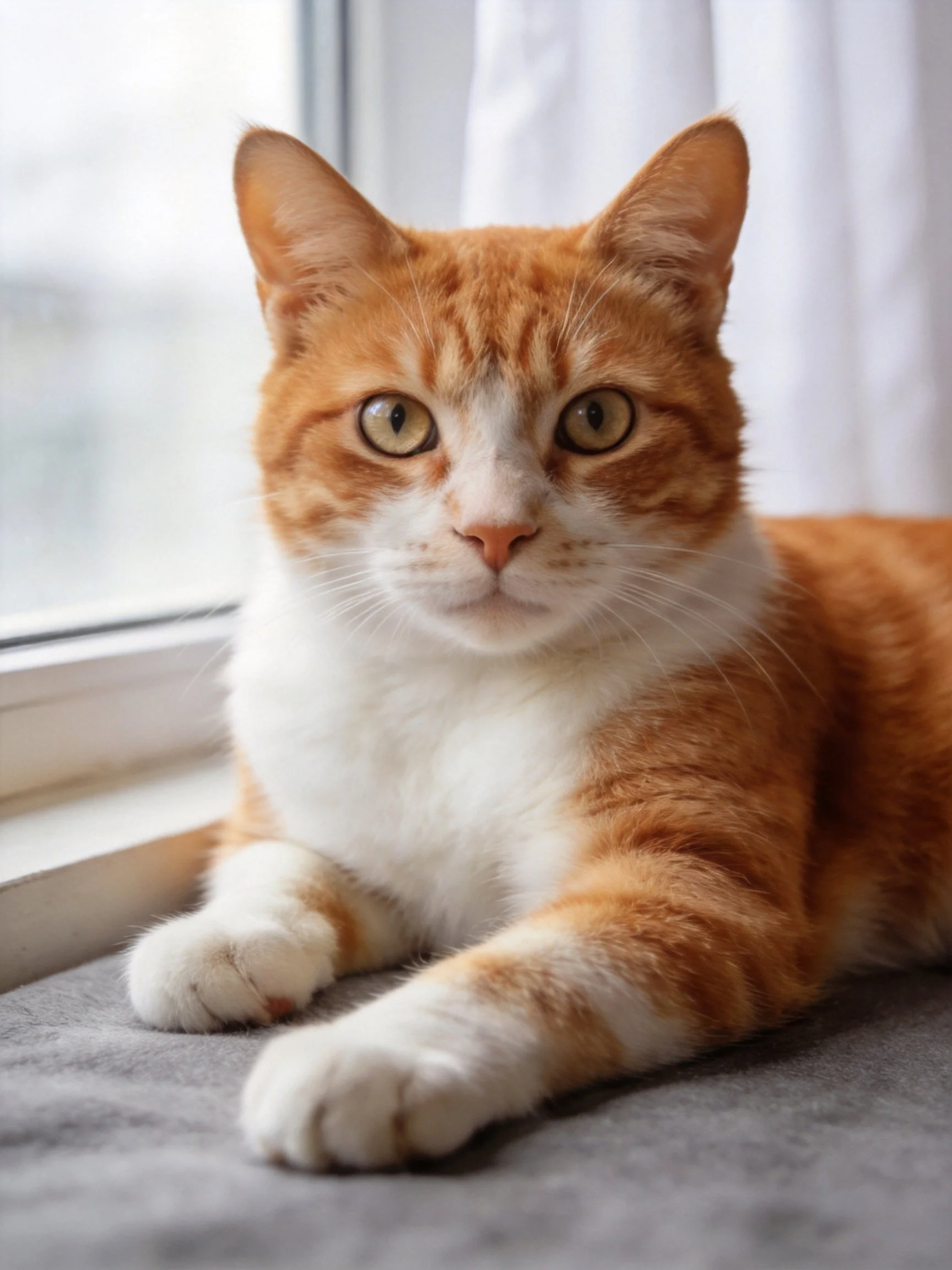 A ginger and white cat lounges by a sunlit window with white curtains