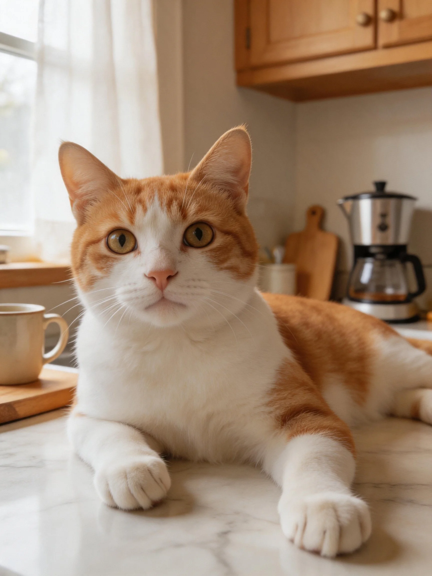A ginger and white cat lounges on a marble kitchen countertop