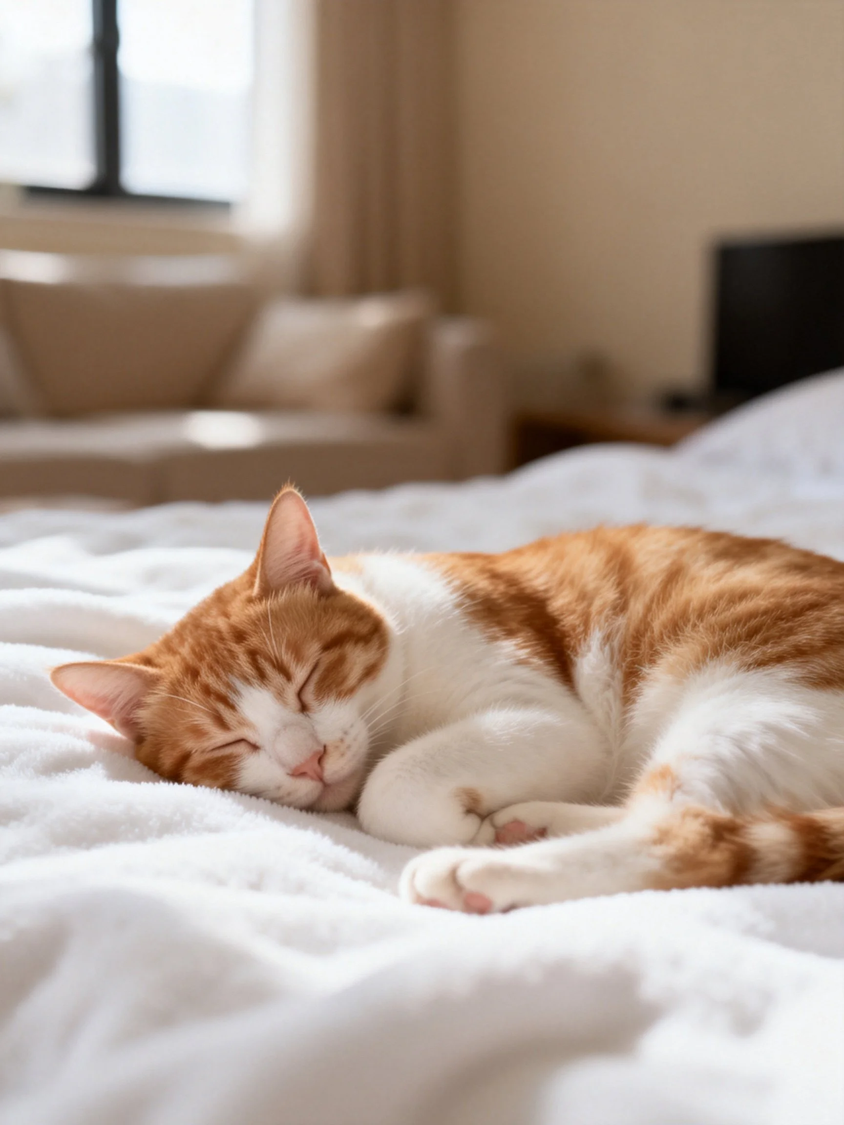 A ginger and white cat naps on a white bedspread