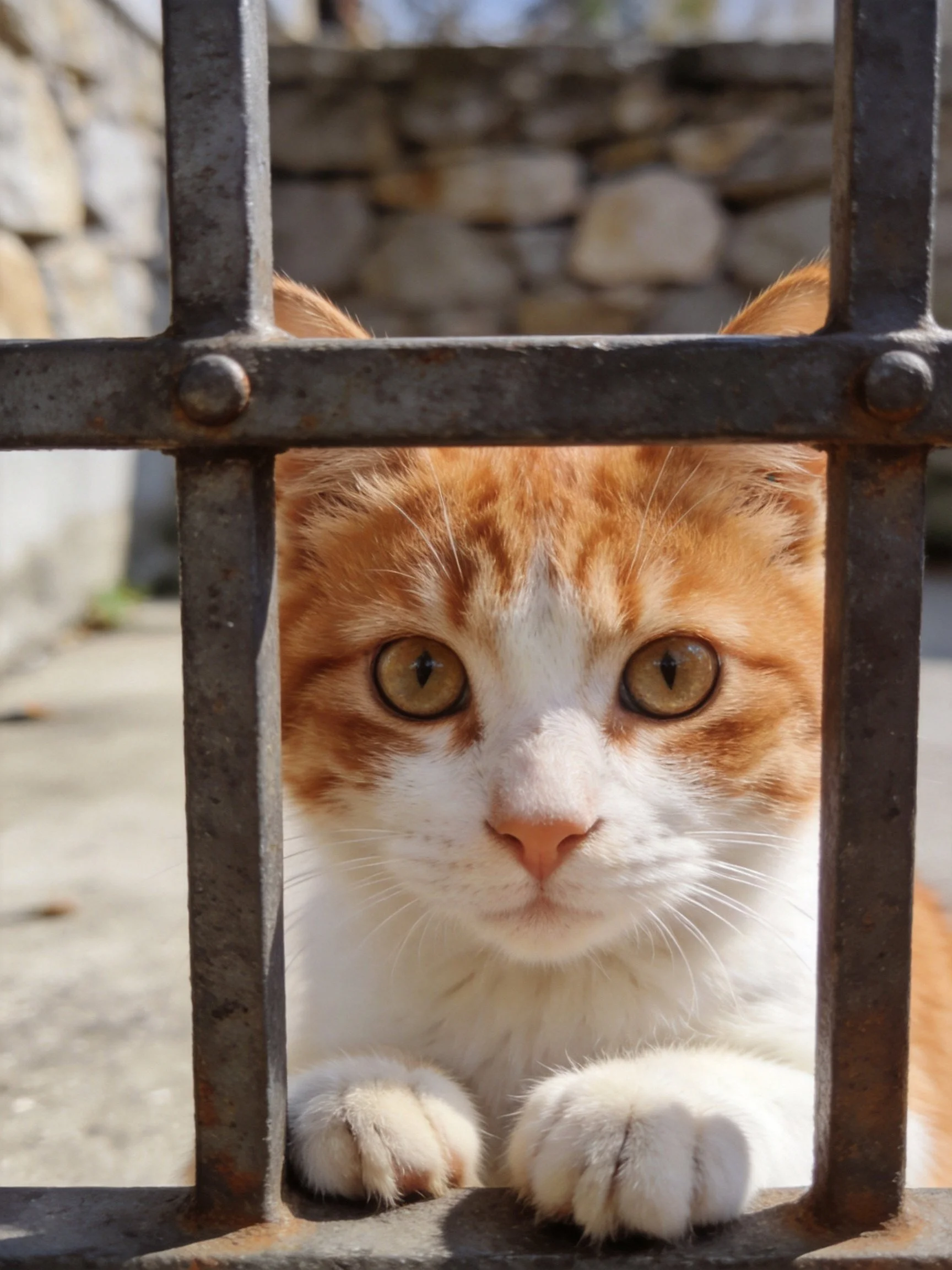 A ginger and white cat peers through rusty metal bars
