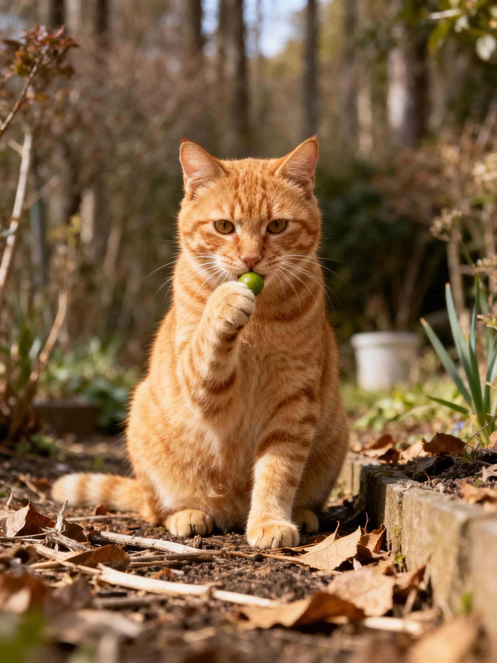 A ginger cat eating a small green object in a wooded area