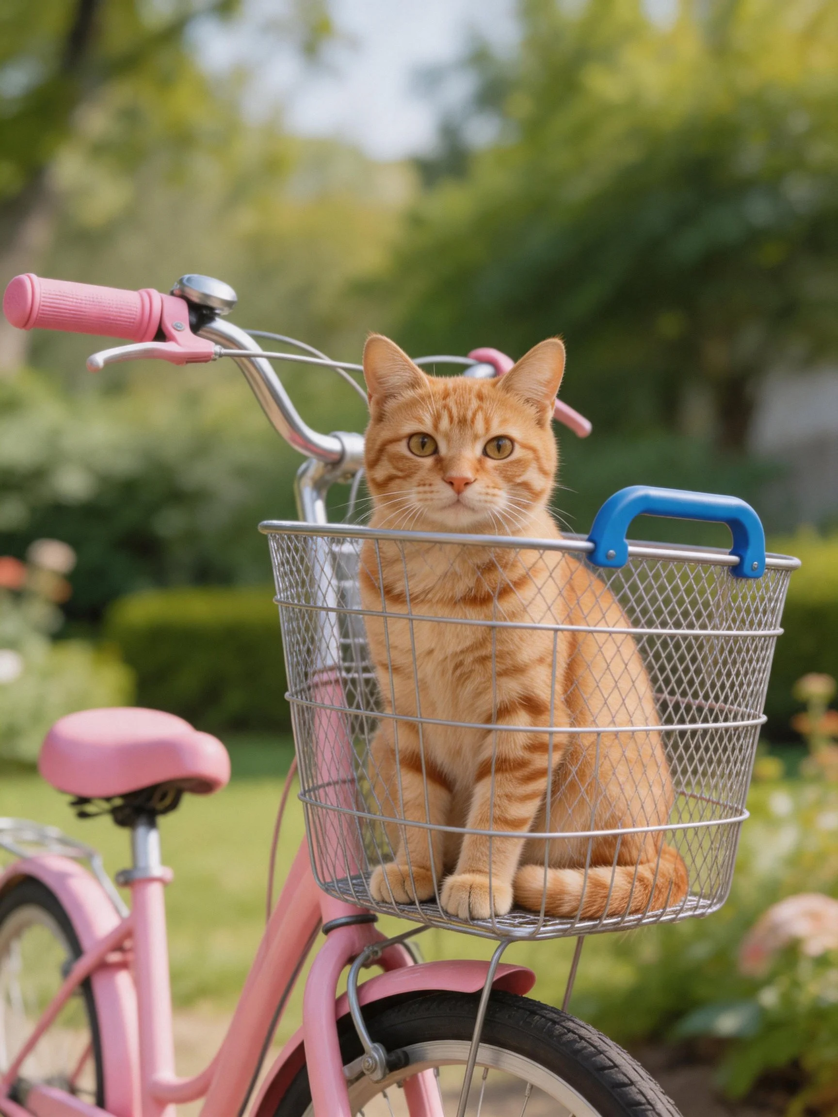 A ginger cat in a metal basket on a pink bicycle