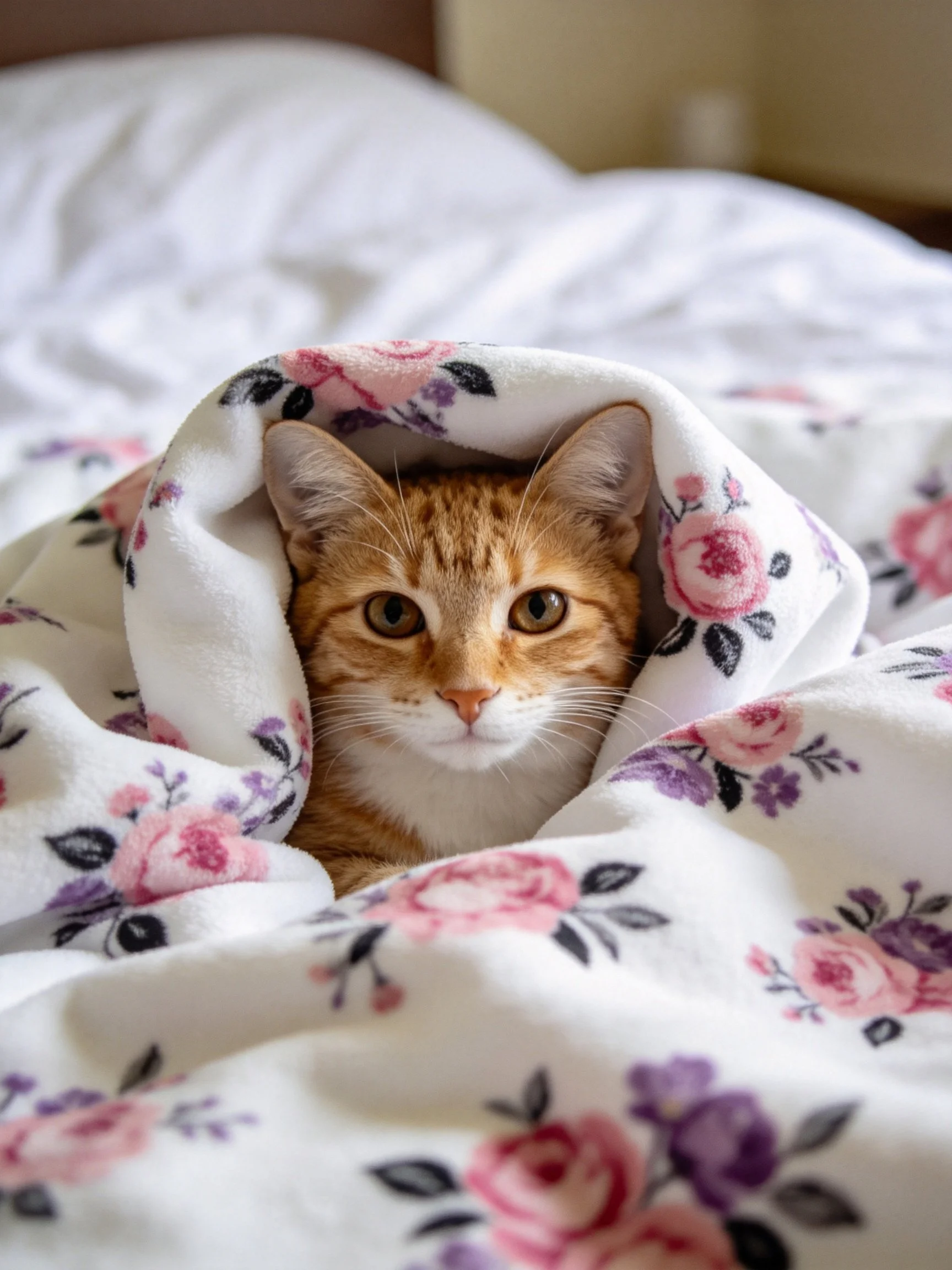 A ginger cat nestled in a white floral-patterned blanket