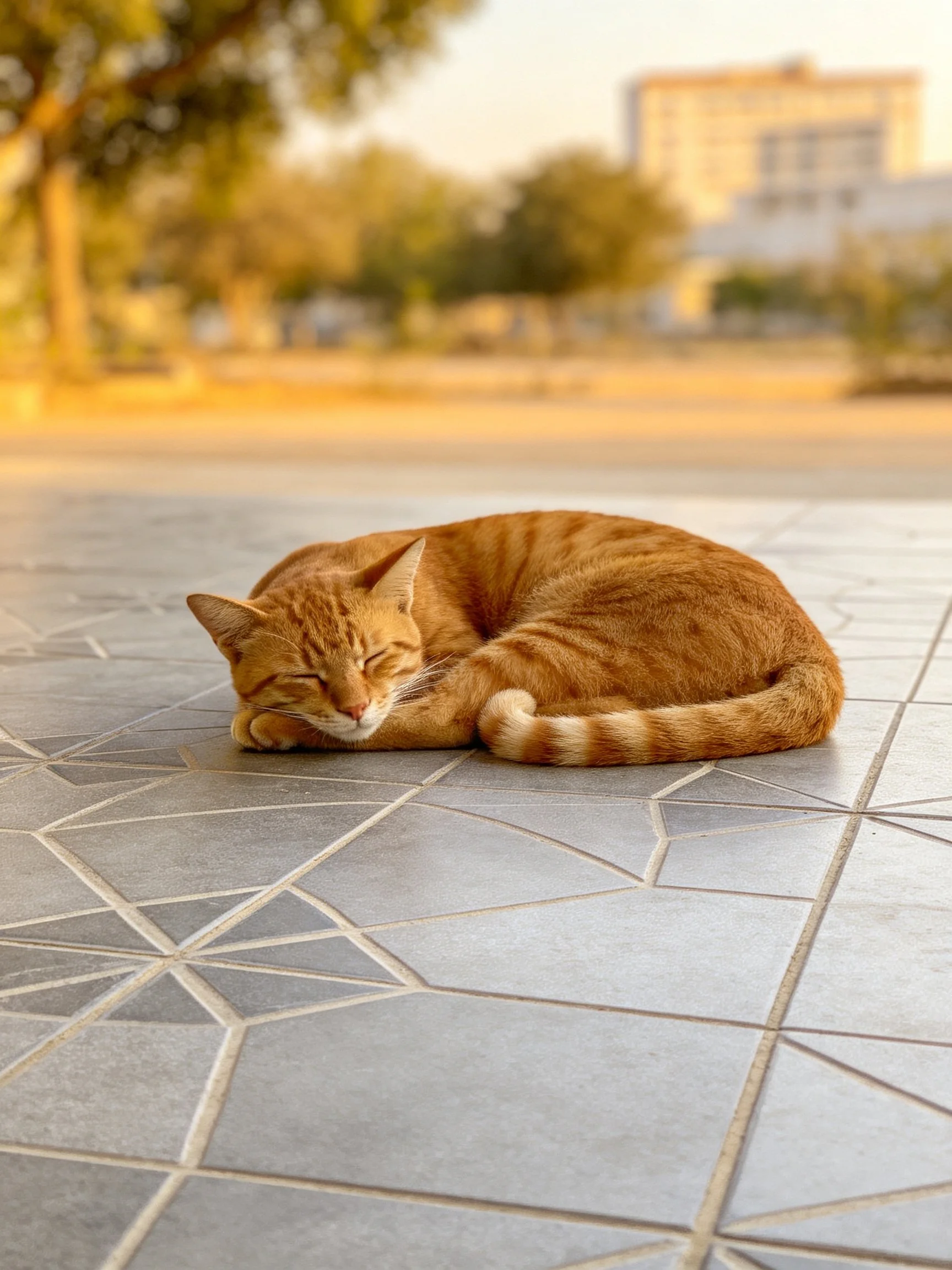 A ginger tabby cat curls up asleep on geometric-patterned tiles outside