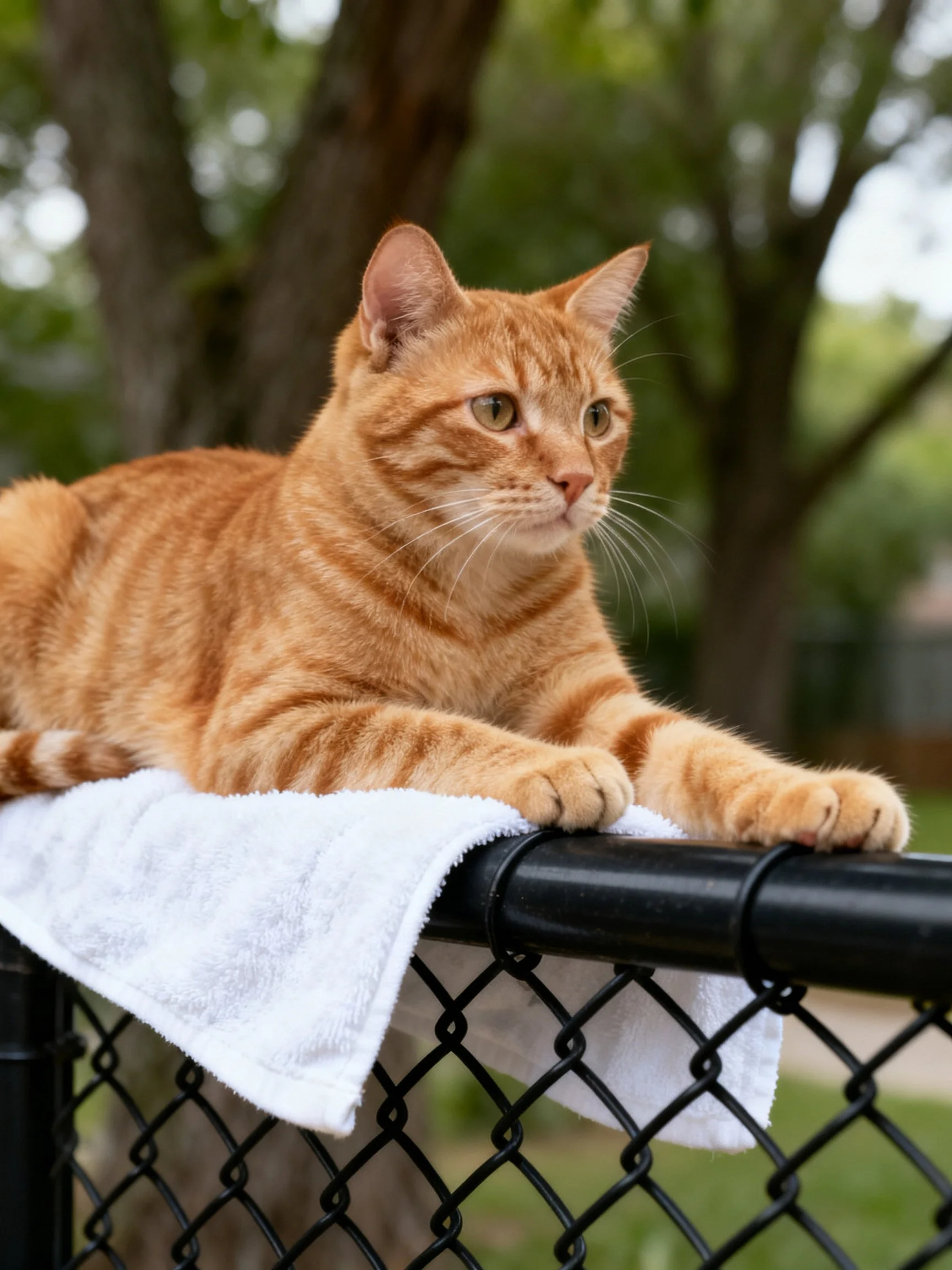 A ginger tabby cat lounges atop a black chain-link fence with a white towel
