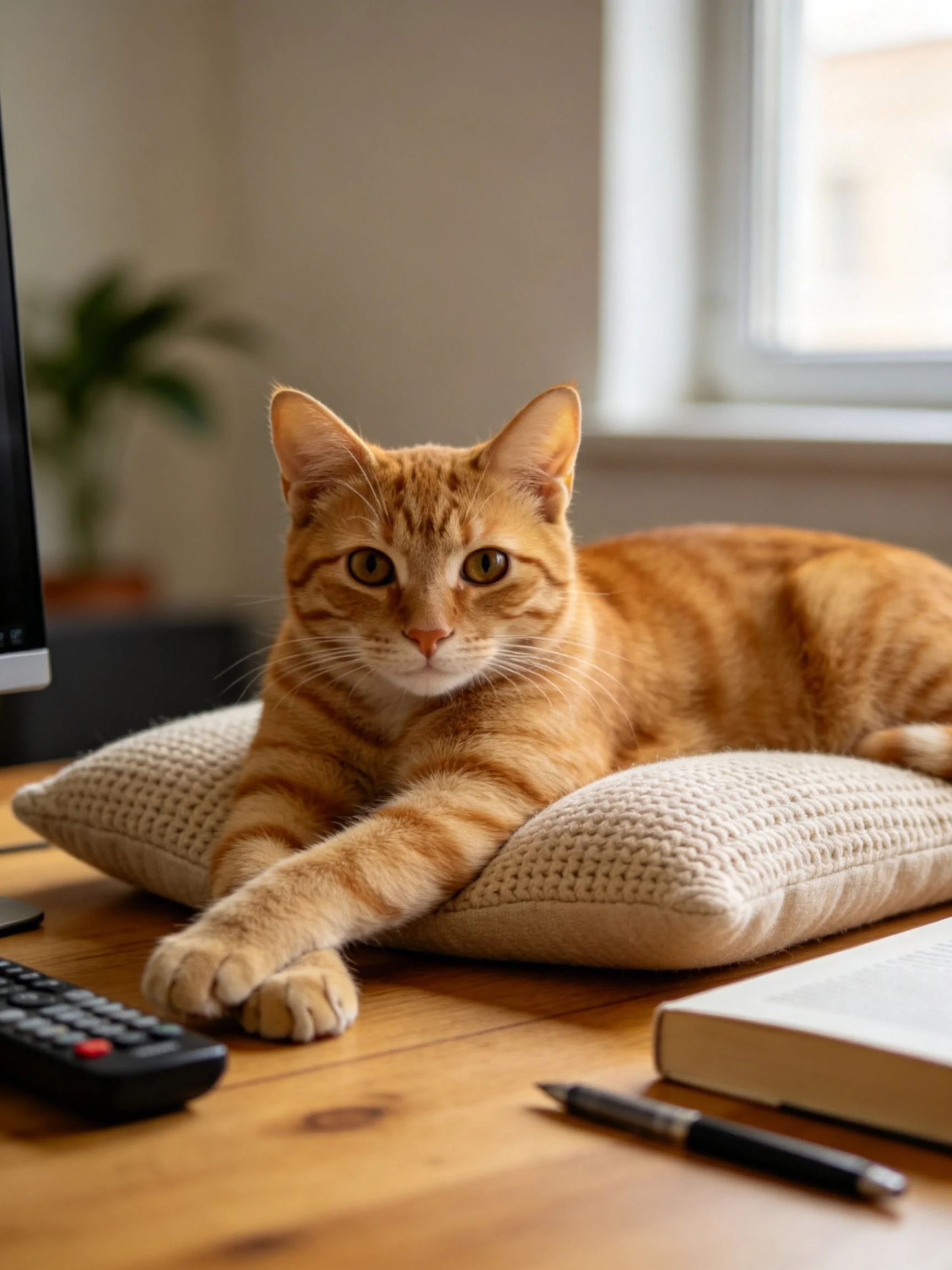 A ginger tabby cat lounges on a cushion near desk items
