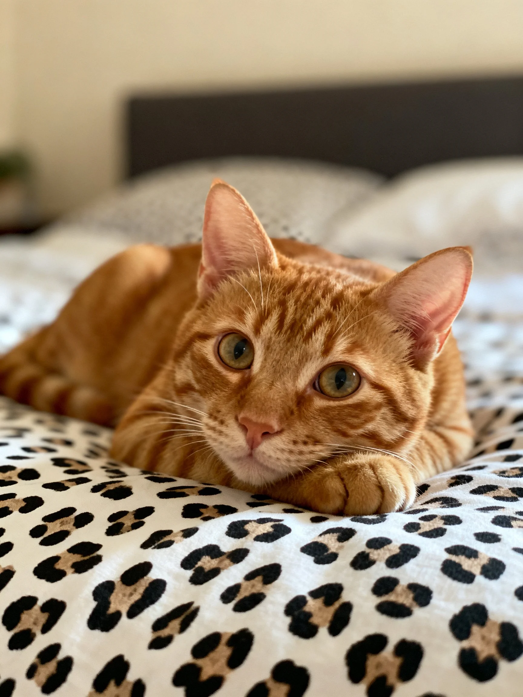 A ginger tabby cat lounges on a leopard-print bedspread in a bedroom