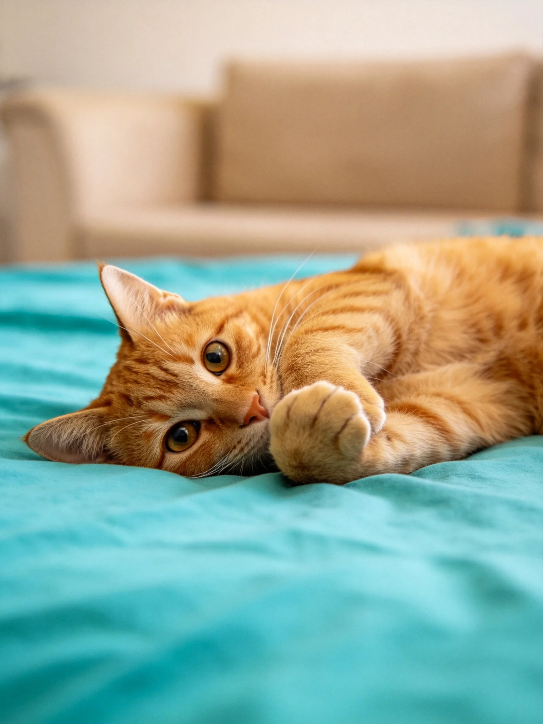 A ginger tabby cat lounges on a turquoise bed near a beige sofa