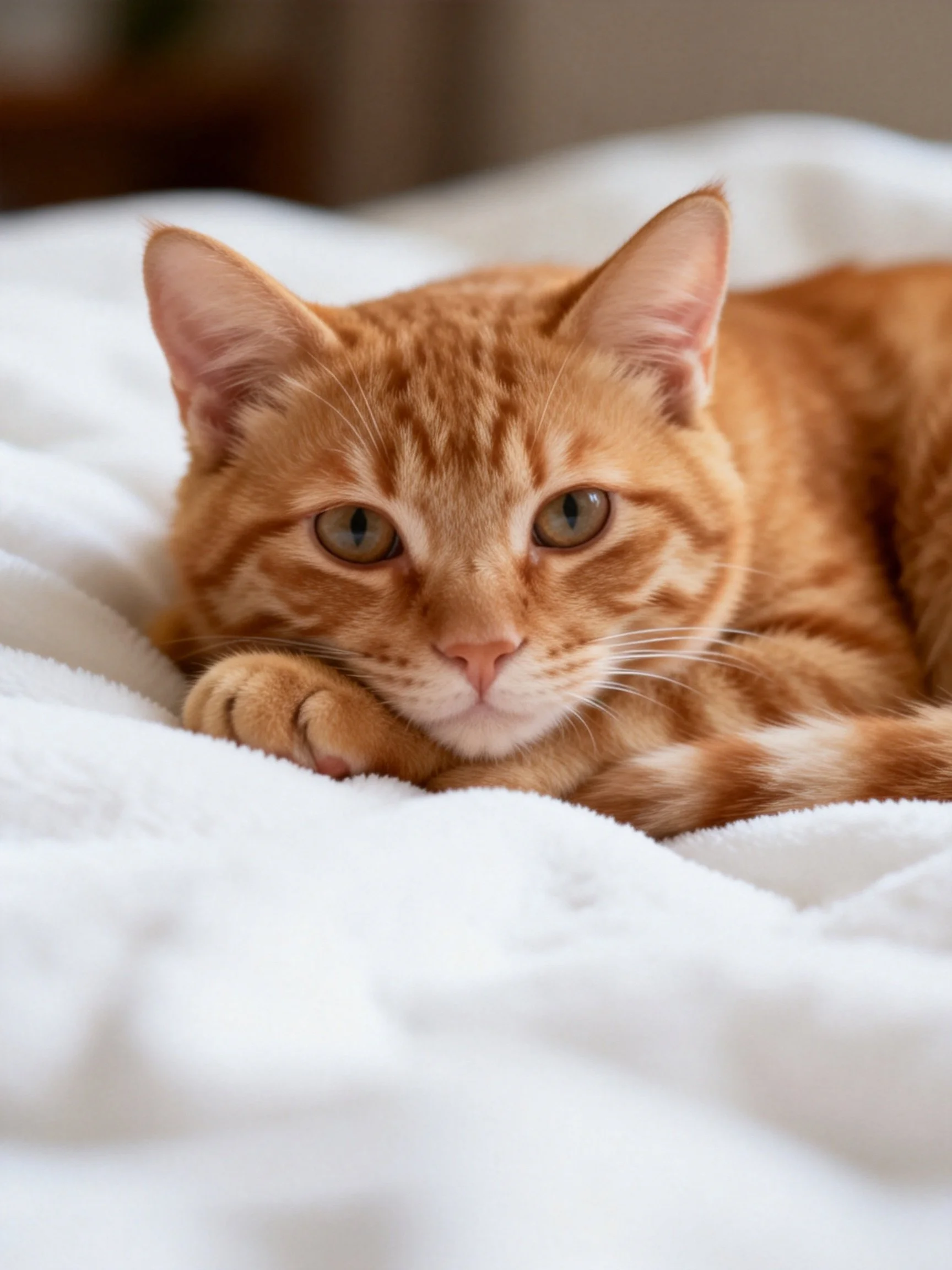 A ginger tabby cat resting on a soft white blanket