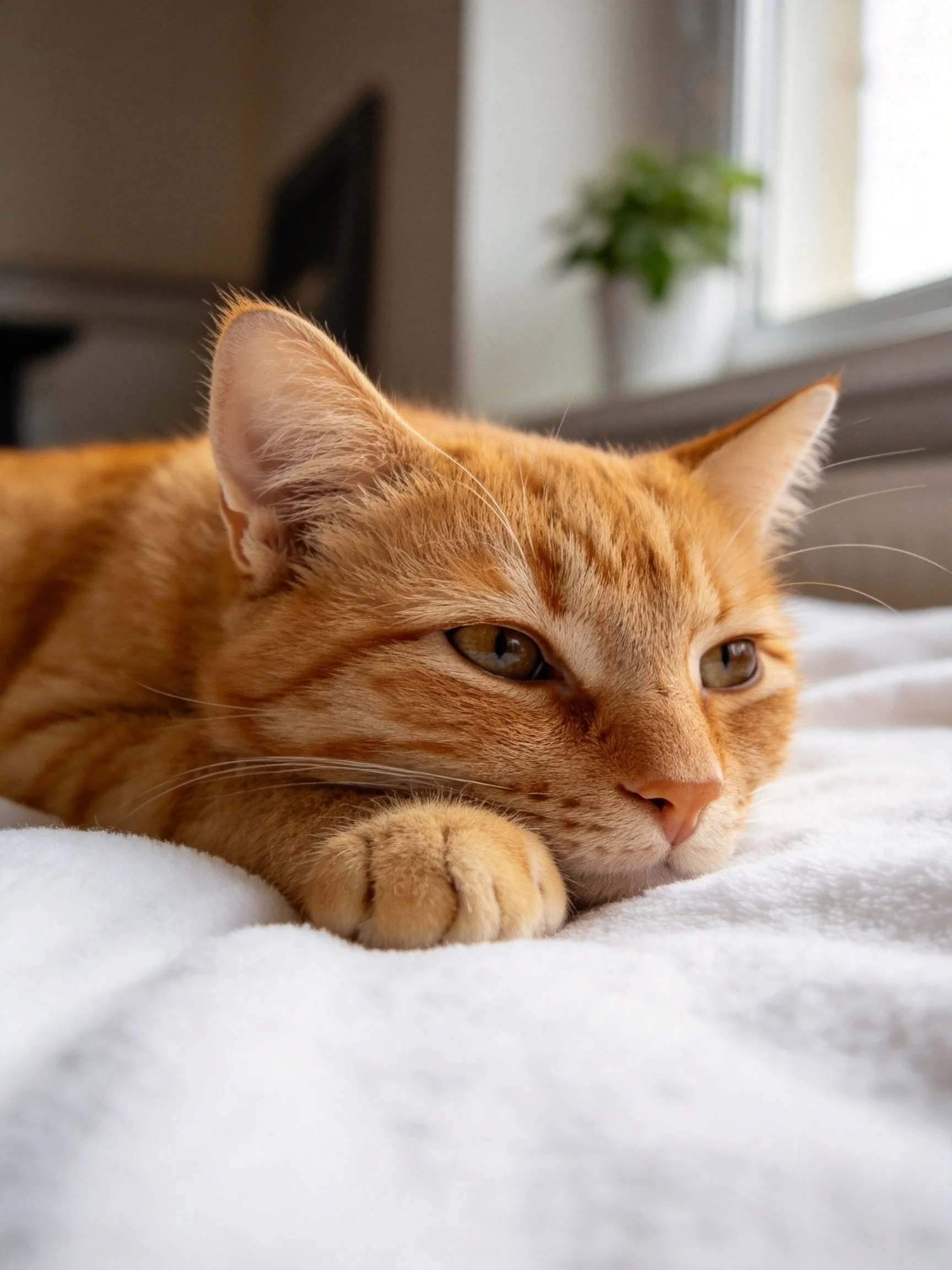 A ginger tabby cat relaxes on a white blanket in a bright indoor area.