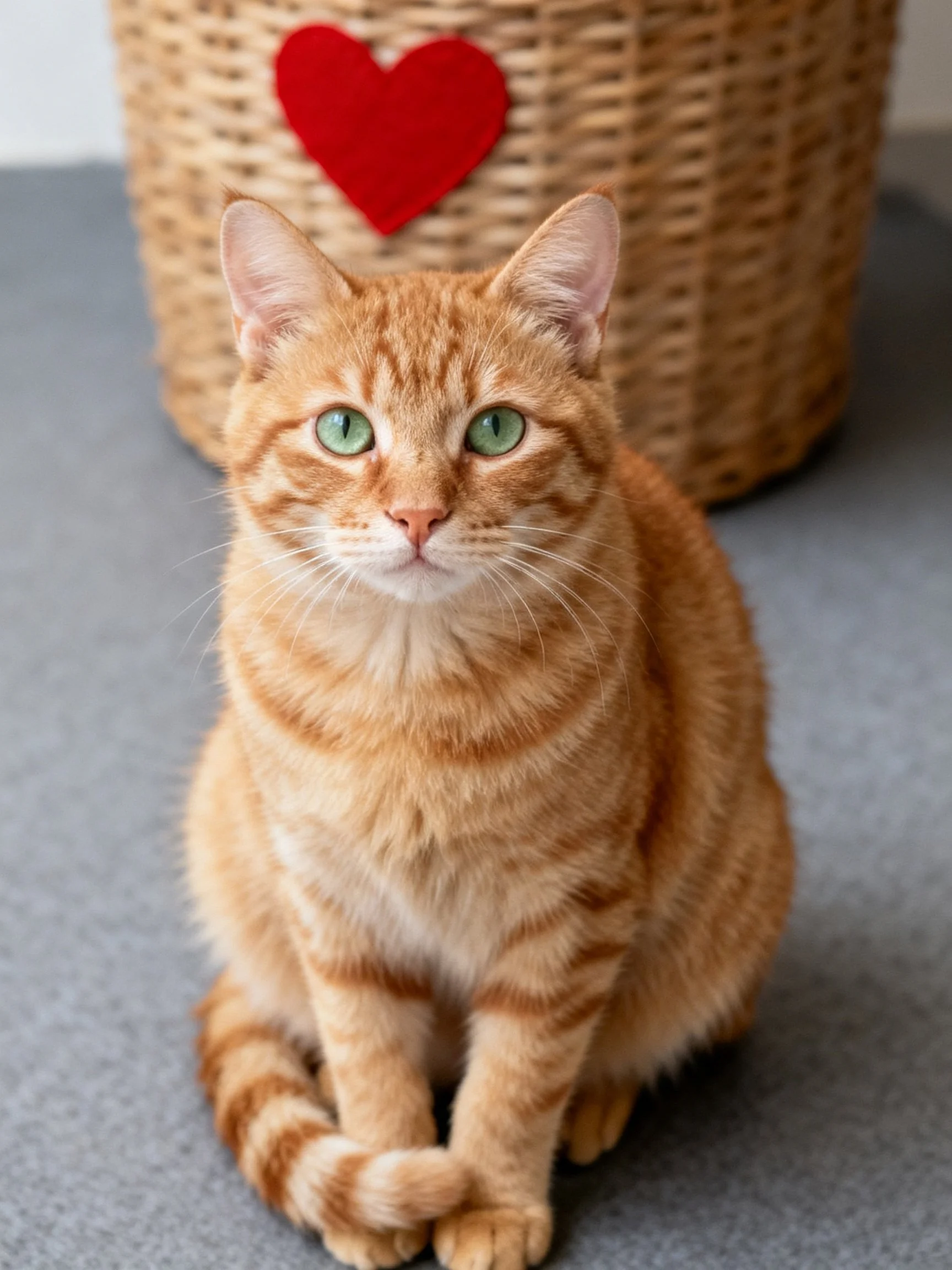 A ginger tabby cat sits near a wicker basket with a red felt heart