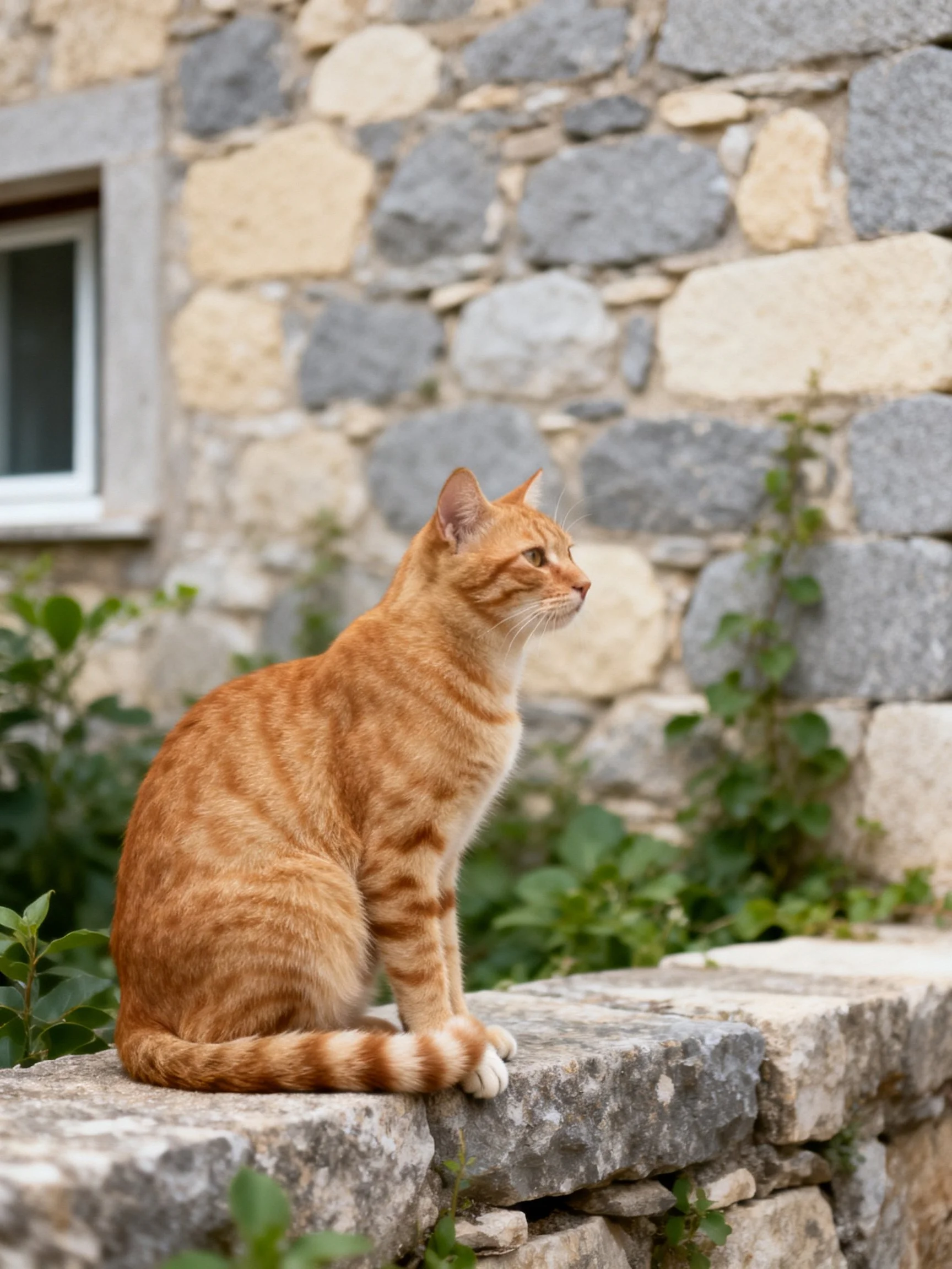A ginger tabby cat sits on a stone ledge near a rustic stone wall