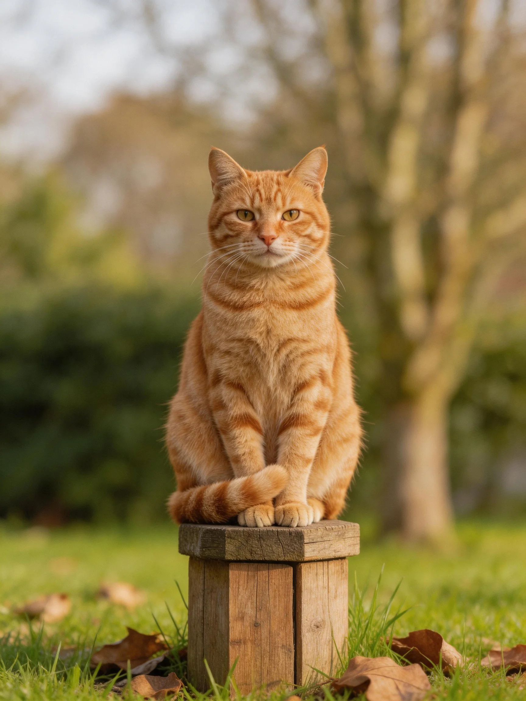 A ginger tabby cat sits on a wooden post in a grassy outdoor setting
