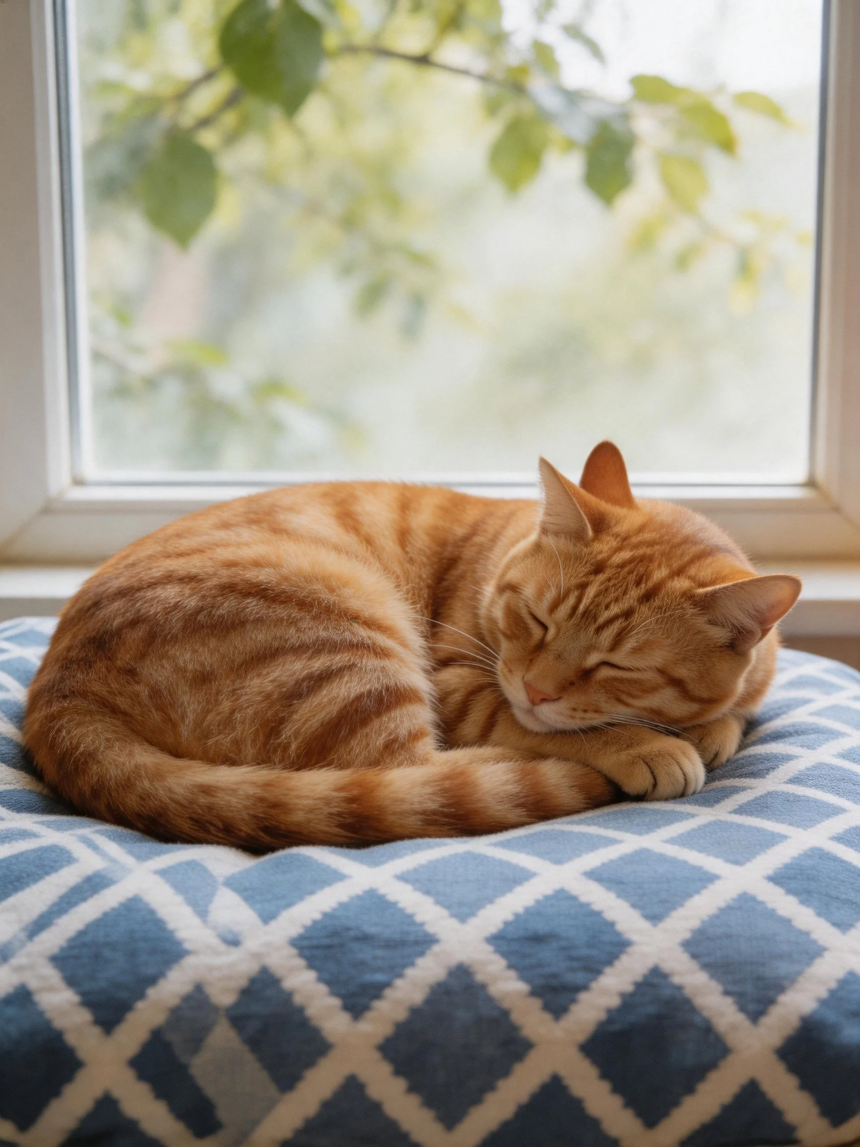 A ginger tabby cat sleeps on a blue patterned cushion near a sunlit window