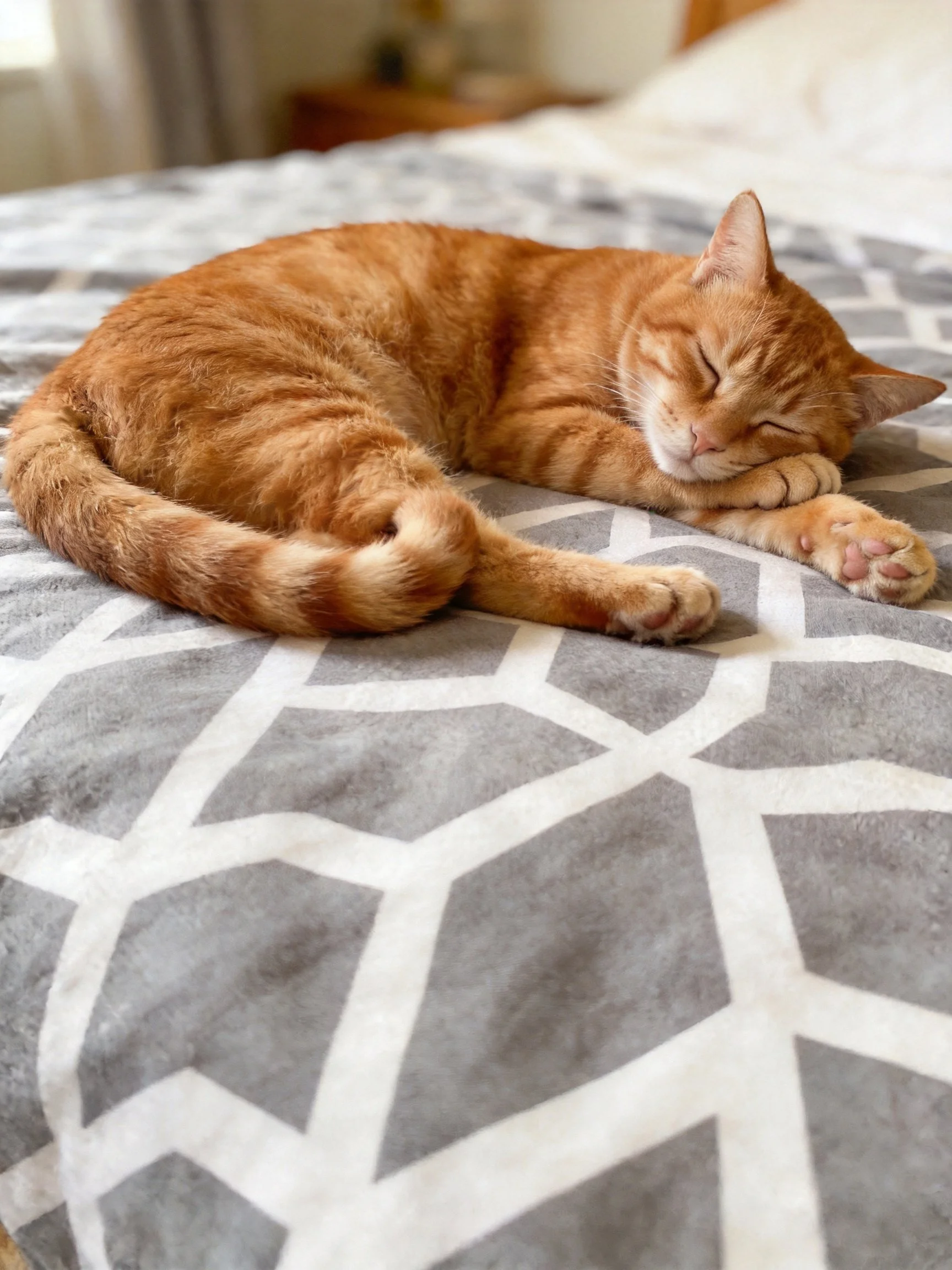 A ginger tabby cat sleeps on a geometric-patterned bedspread