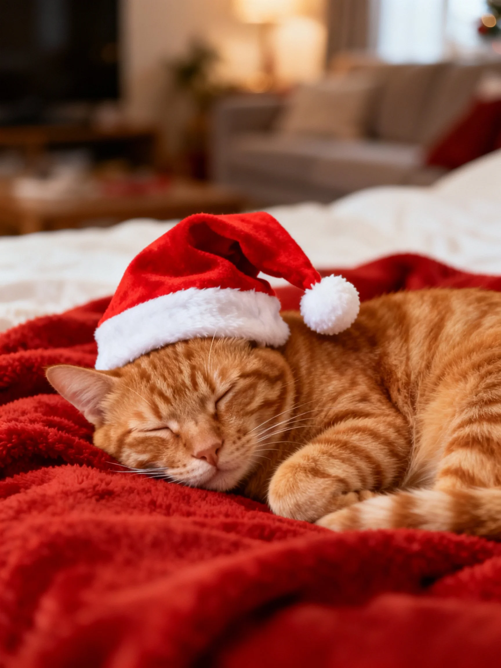 A ginger tabby cat sleeps on a red blanket with a Santa hat