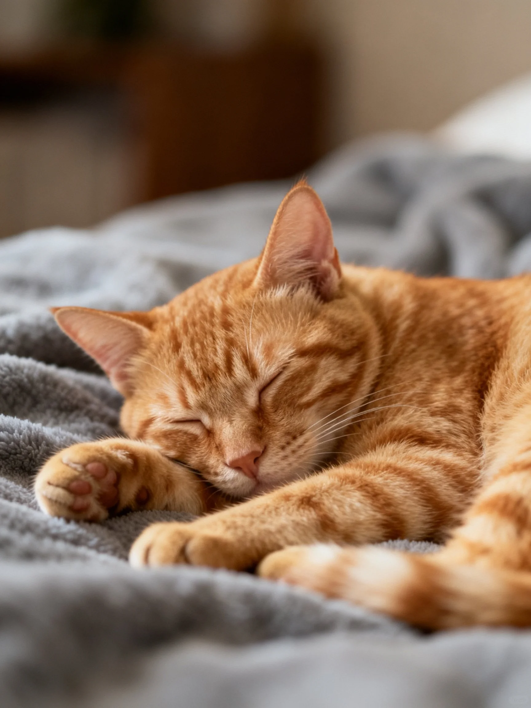 A ginger tabby cat sleeps peacefully on a soft gray blanket