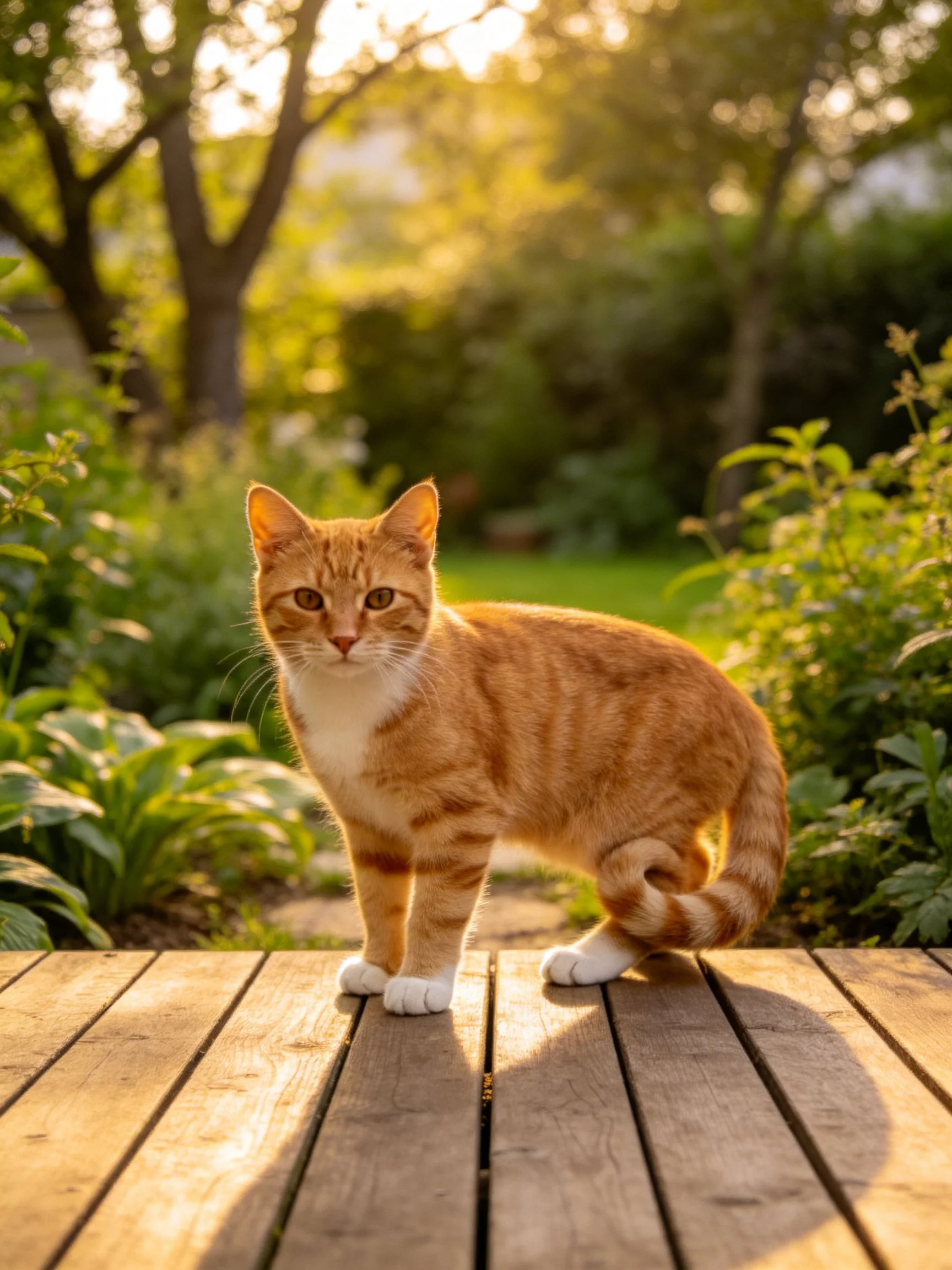 A ginger tabby cat stands on a wooden deck in a sunlit garden