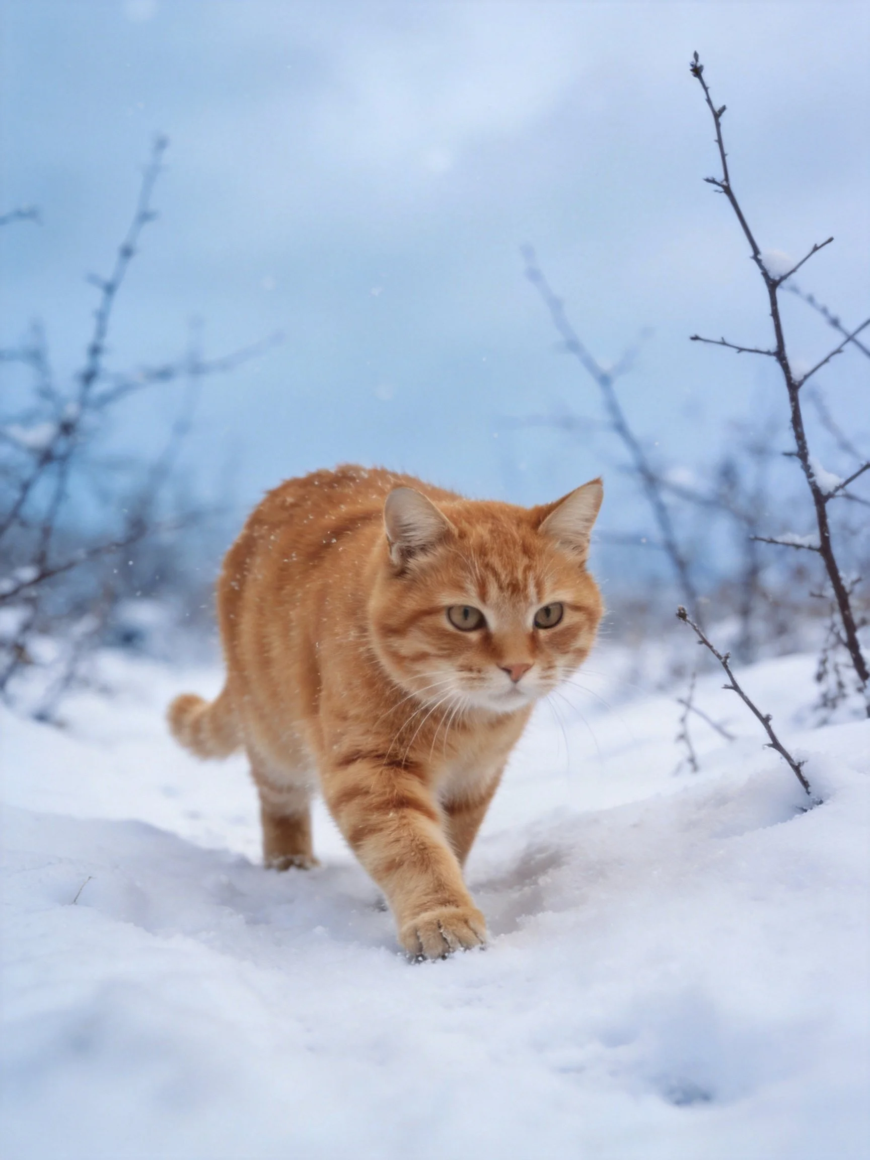 A ginger tabby cat traverses deep snow near bare winter shrubs