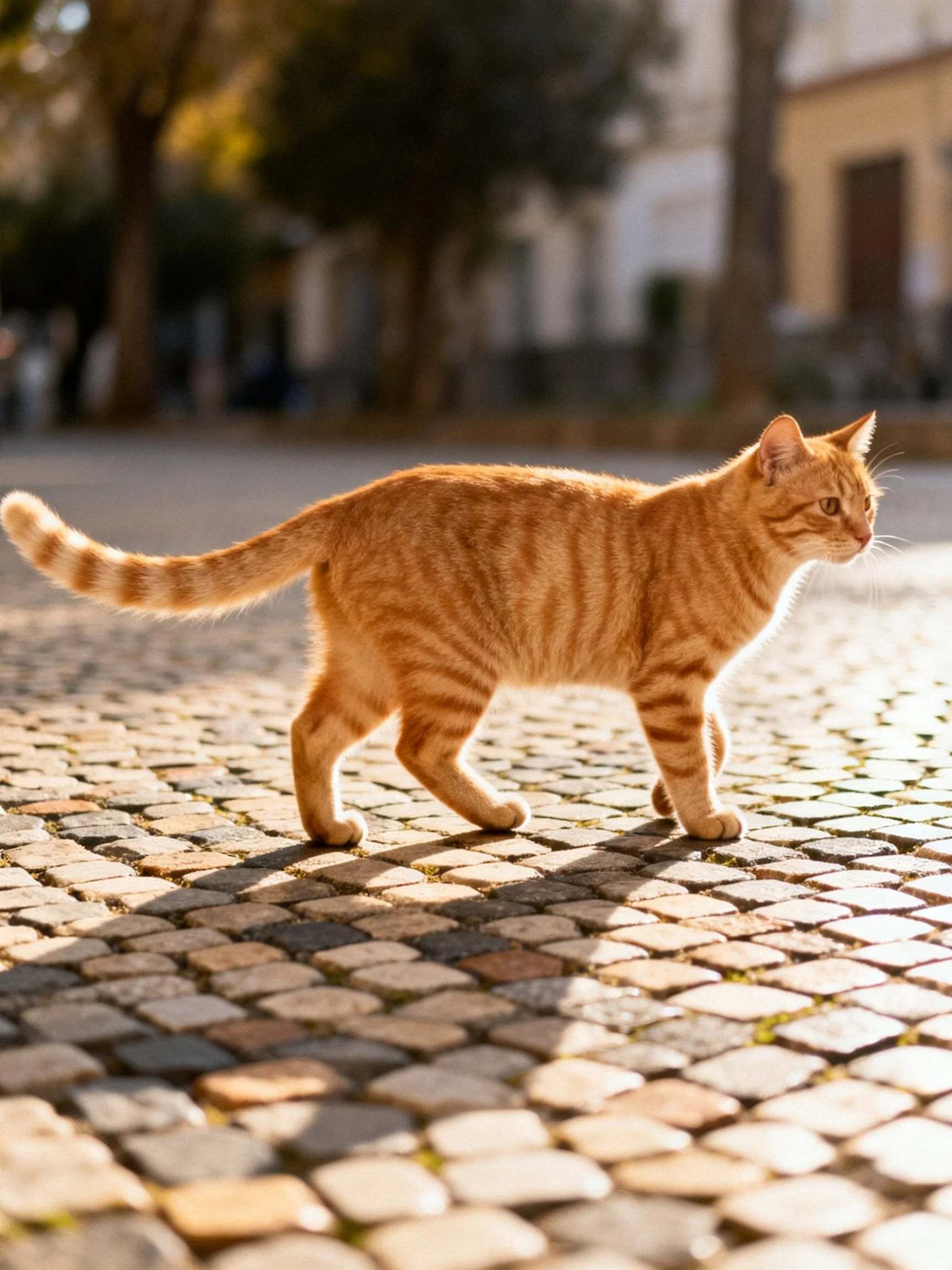 A ginger tabby cat walking on sunlit cobblestone pavement