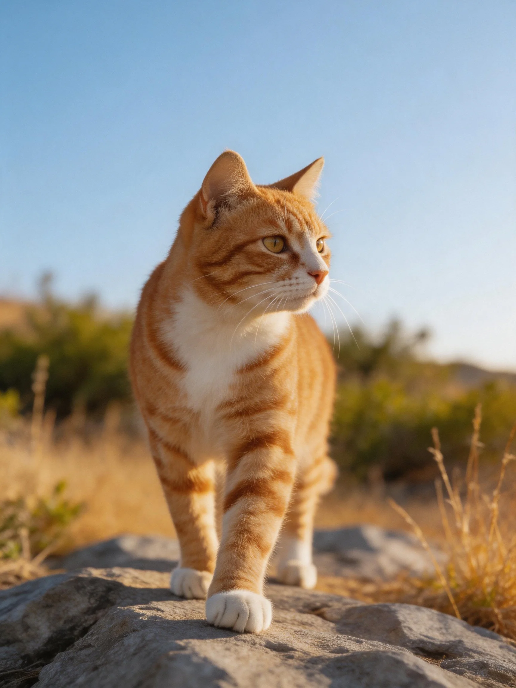 A ginger tabby cat walks on a large rock outdoors