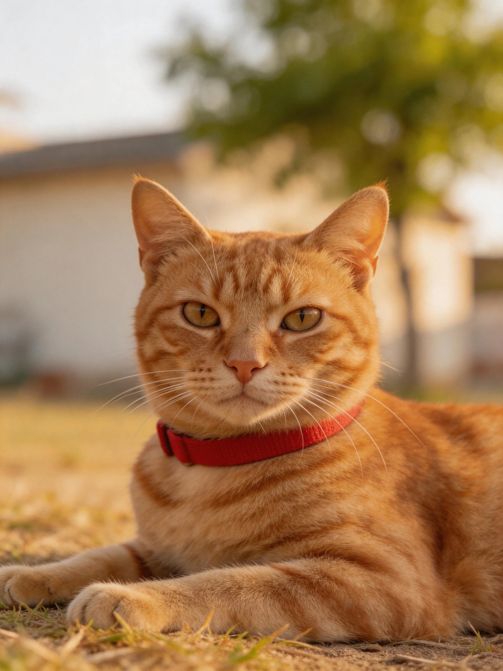 A ginger tabby cat with a red collar lounging on grass outdoors
