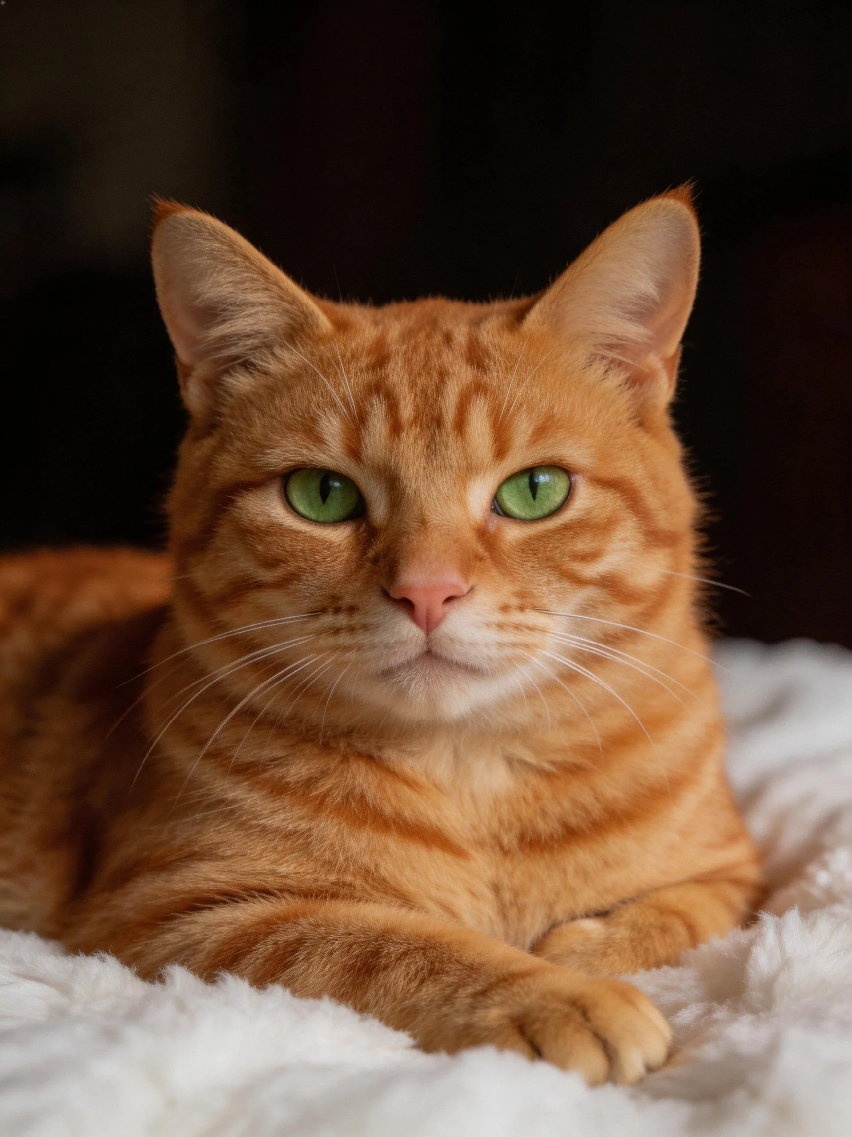 A ginger tabby cat with bright green eyes resting on a white blanket