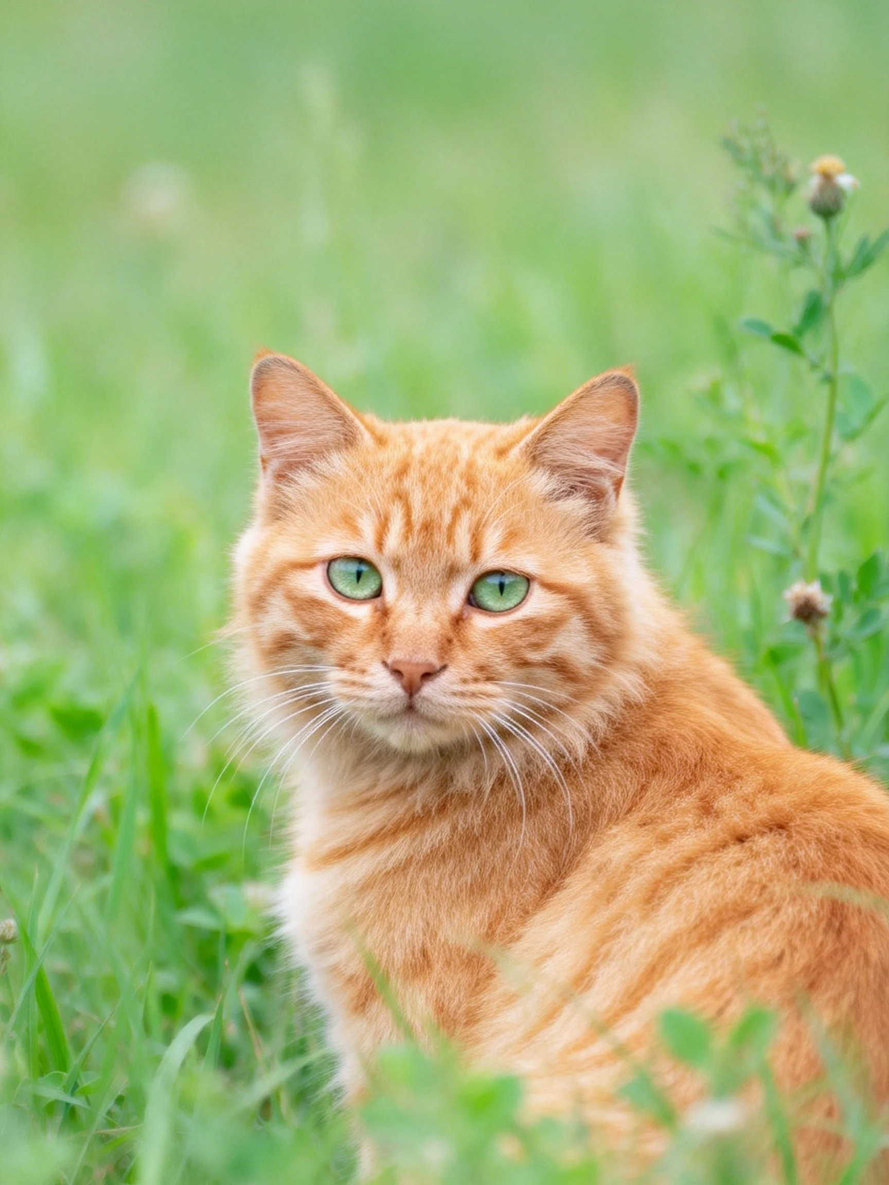 A ginger tabby cat with green eyes sits in a grassy meadow