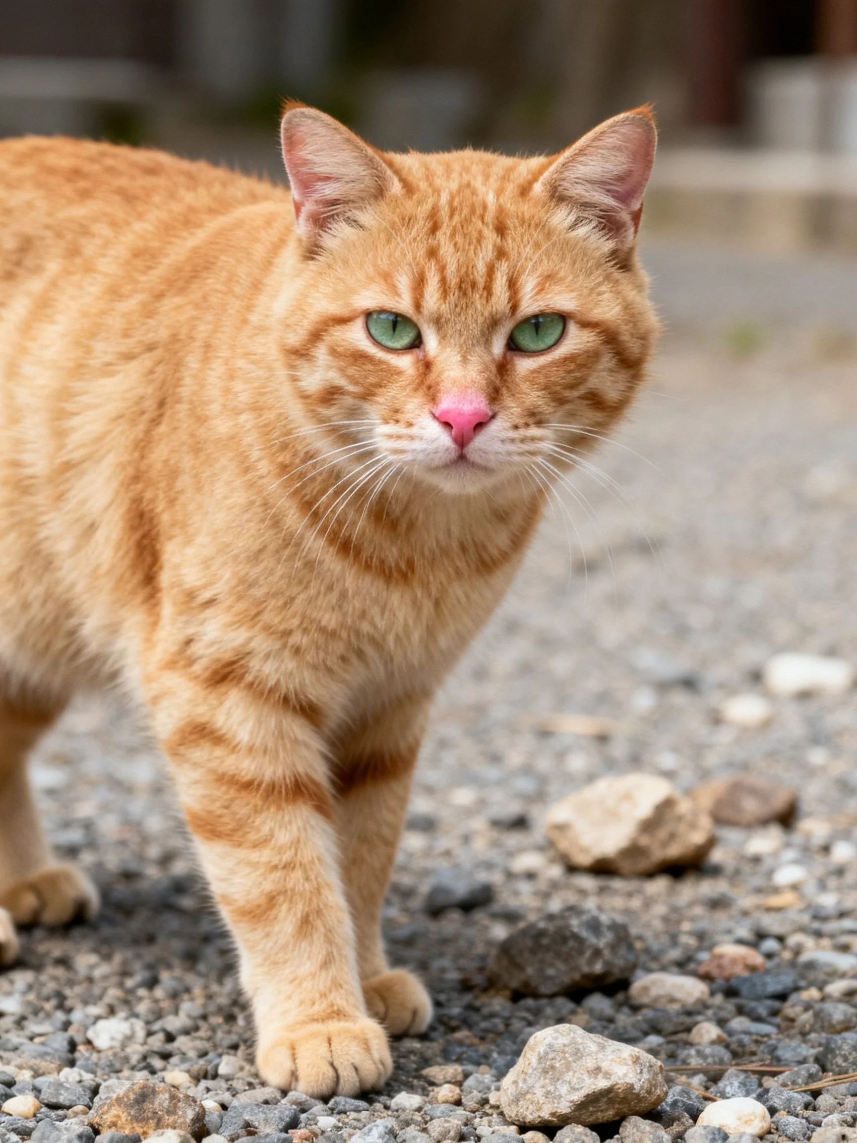 A ginger tabby cat with green eyes walks on gravel