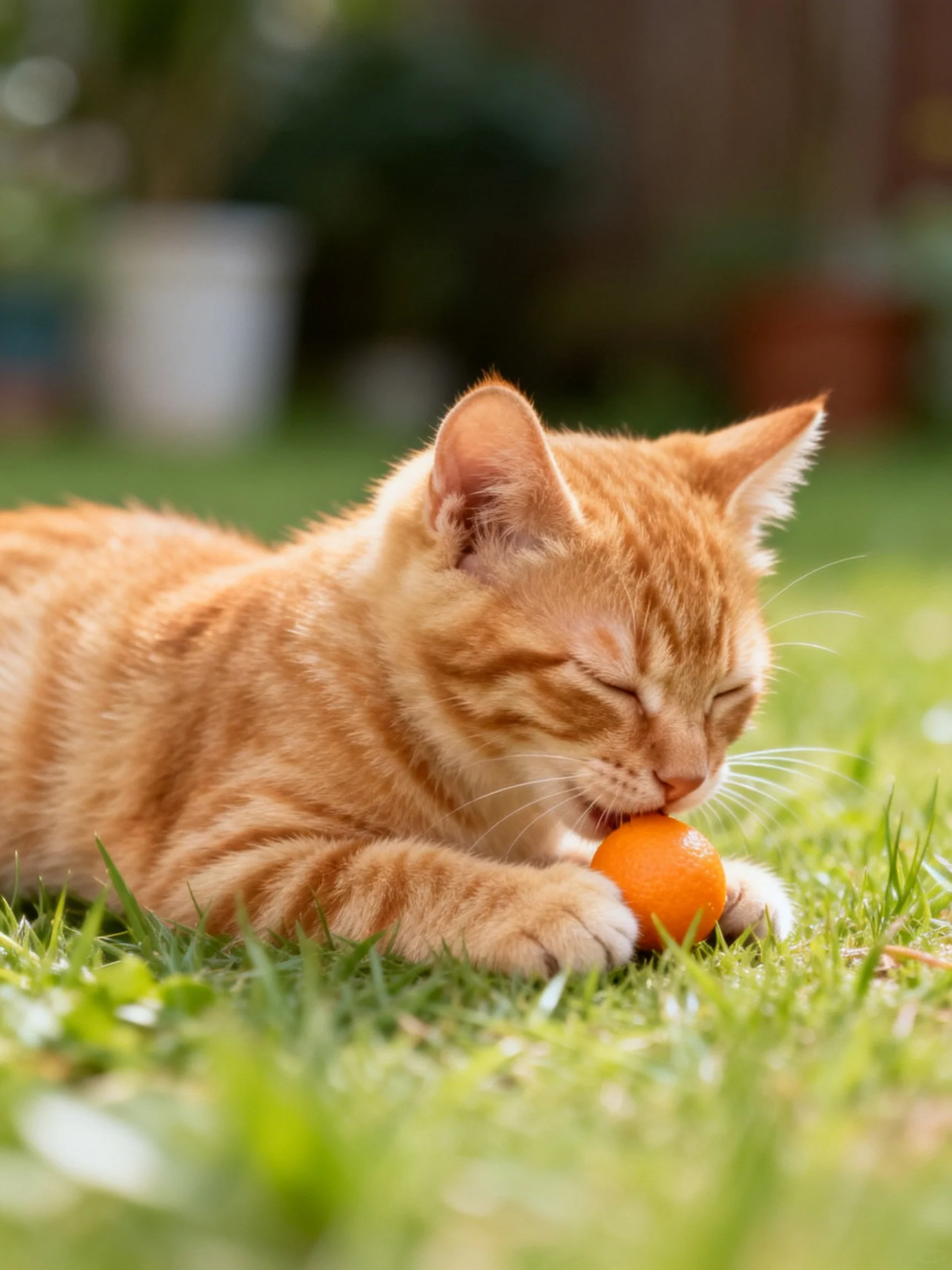A ginger tabby kitten plays with an orange object on green grass