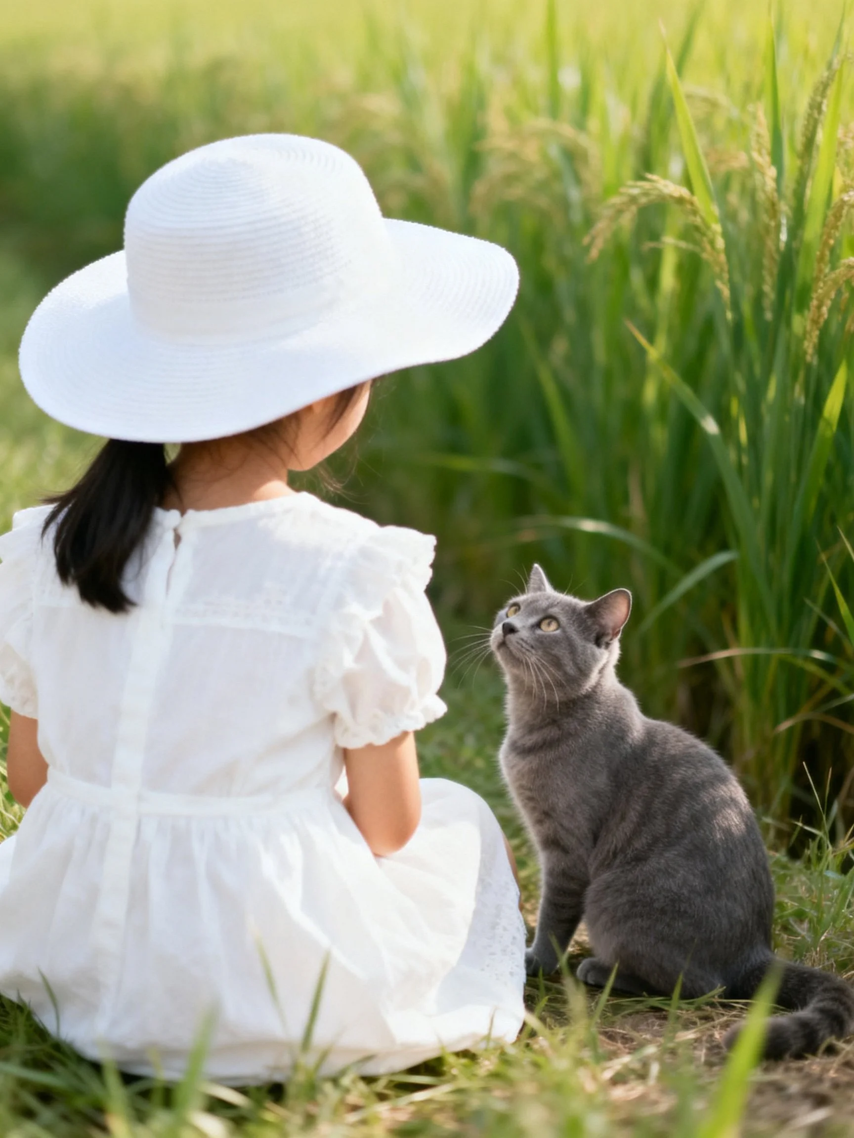A girl in a white dress and wide-brimmed hat sits beside a gray cat near tall green grass