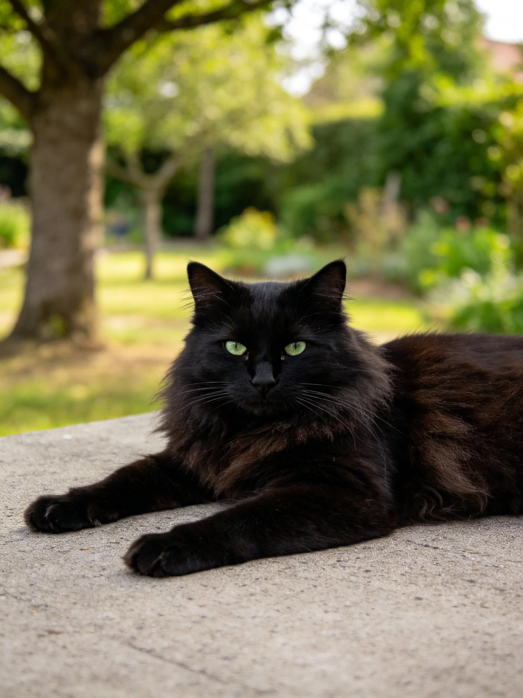 A glossy black cat lounges on a concrete slab near leafy trees